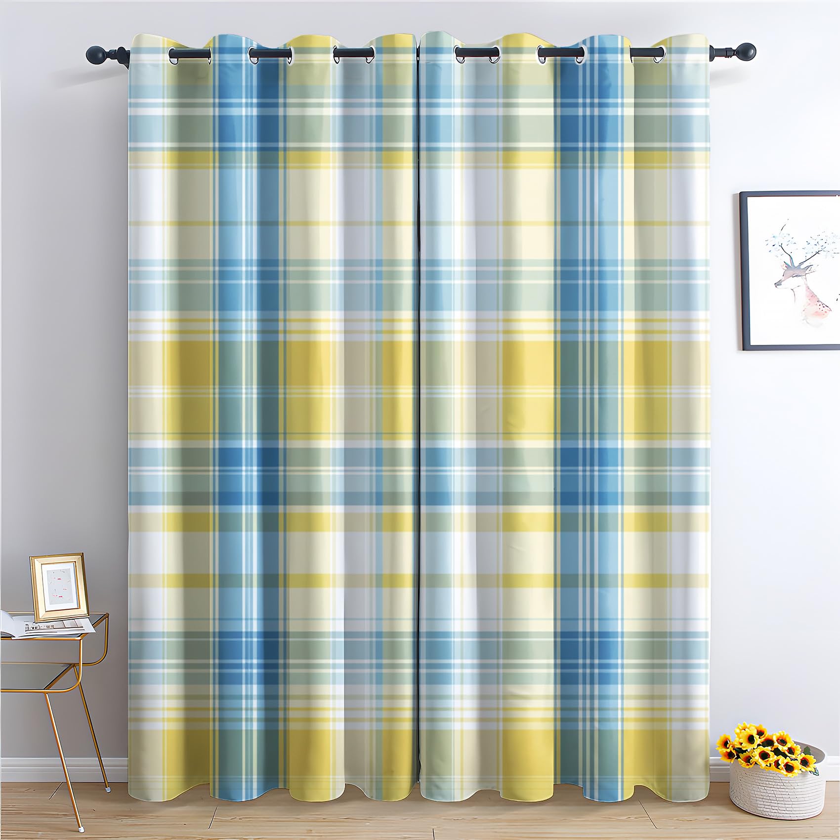 zcwl Plaid Checkered Curtains for Bedroom Living Room, Yellow Blue Tartan Patterned Blackout Curtains, Thermal Insulated Eyelet Curtain, 84 Drop Window Treatments Drapes, 52x84 Inch (W x L), 2 Panels