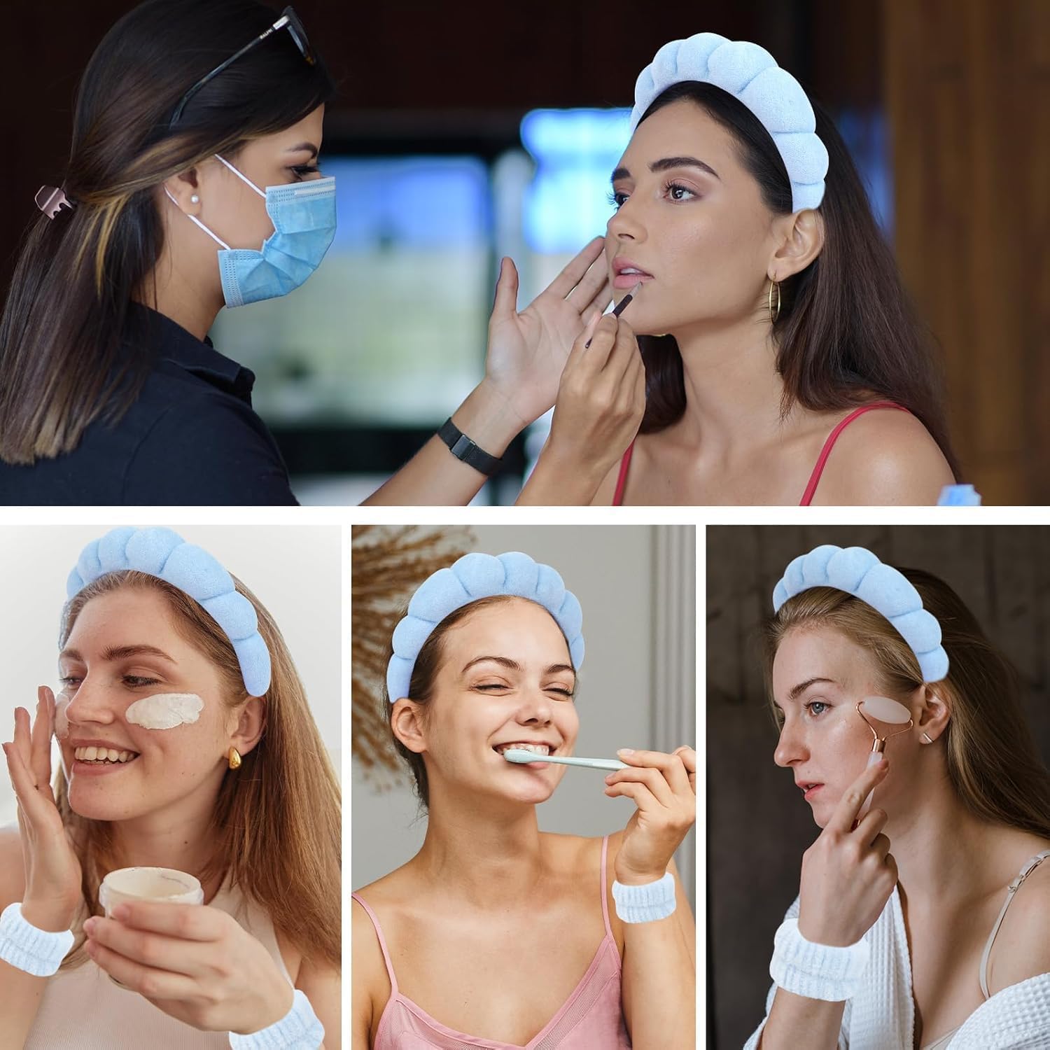 BEHAHAI Spa Headband for Washing Face Wristband Sponge Makeup Skincare Headband Terry Cloth Bubble Soft Get Ready Hairband for Women Girl Puffy Padded Headwear Non Slip Thick Hair Accessory. (BLUE, FREE) 2