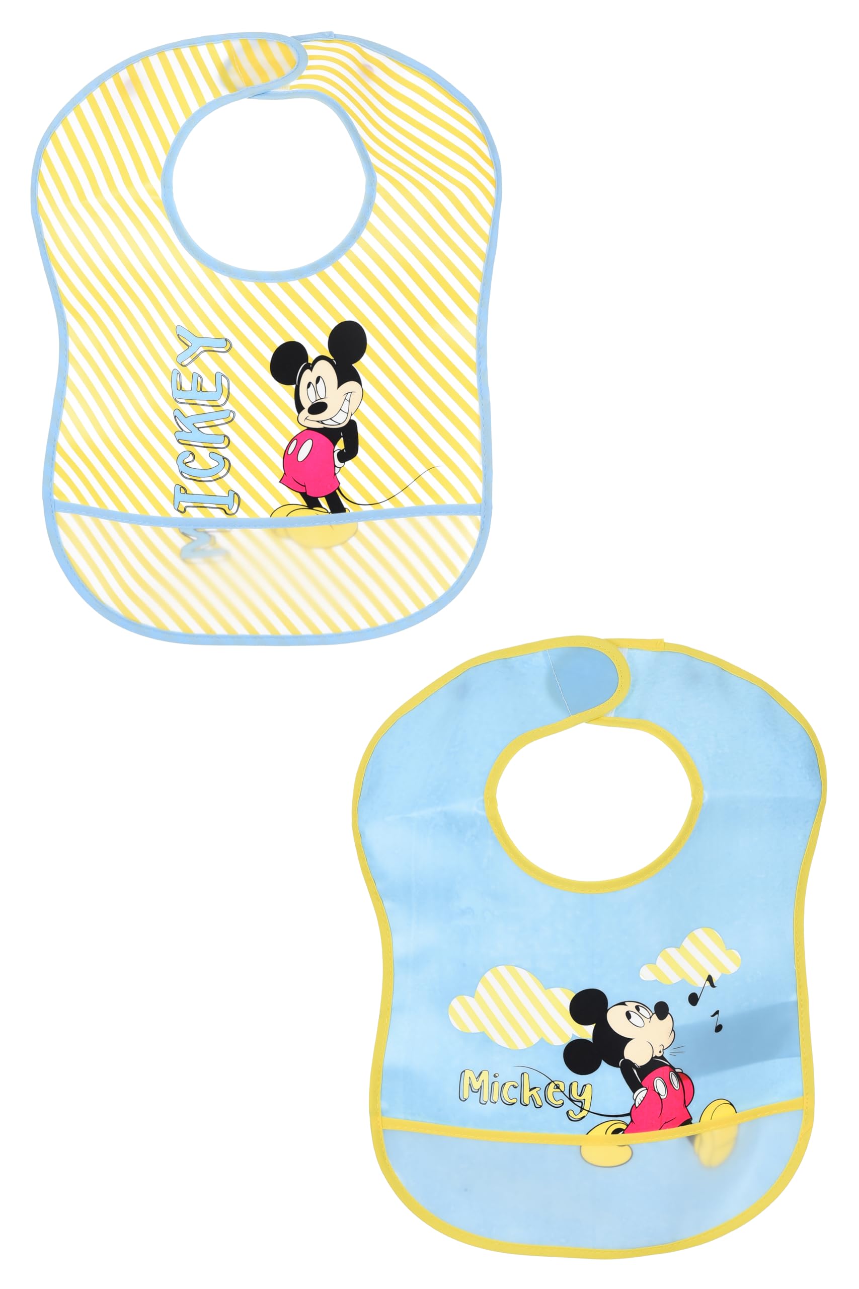 Disney Baby, Set 2 Bavaglini Topolino Mickey Mouse, Giallo e Azzurro, Decorati con Nuvole e Strisce