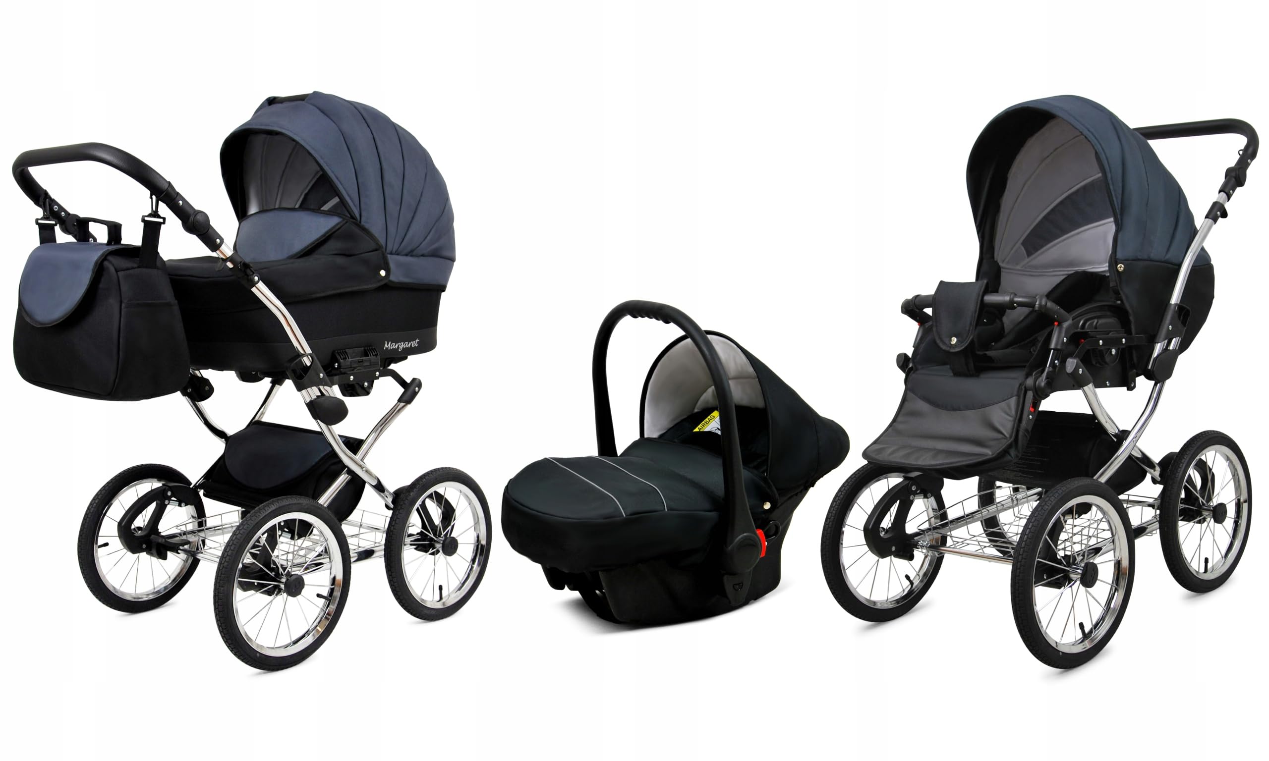 BabyLux Margaret Exclusive zestaw wózków dziecięcych 3 w 1 – w zestawie wanienka dla niemowląt, fotelik sportowy, fotelik samochodowy – fotelik samochodowy – zestaw wózków dziecięcych – wózek