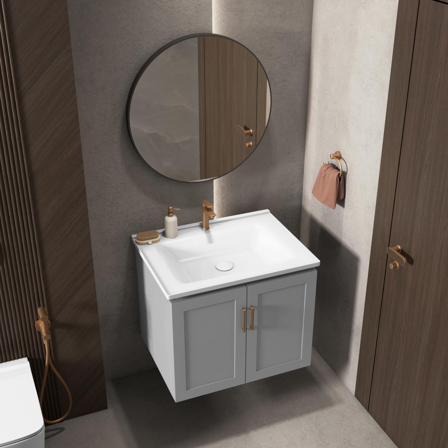 WASSMIST Bathroom Vanity Cabinet with Sink and Mirror | Space-Saving Vanity | Compact Bathroom Cabinet with Storage (Light Grey)