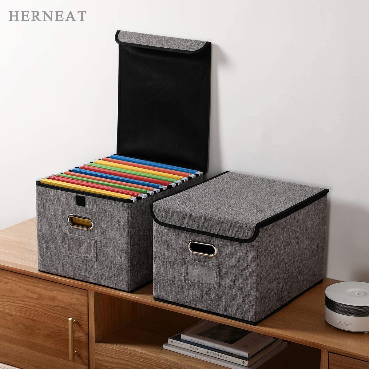 Decorative File Boxes [4-Pack] Collapsible Linen File Storage Boxes ...