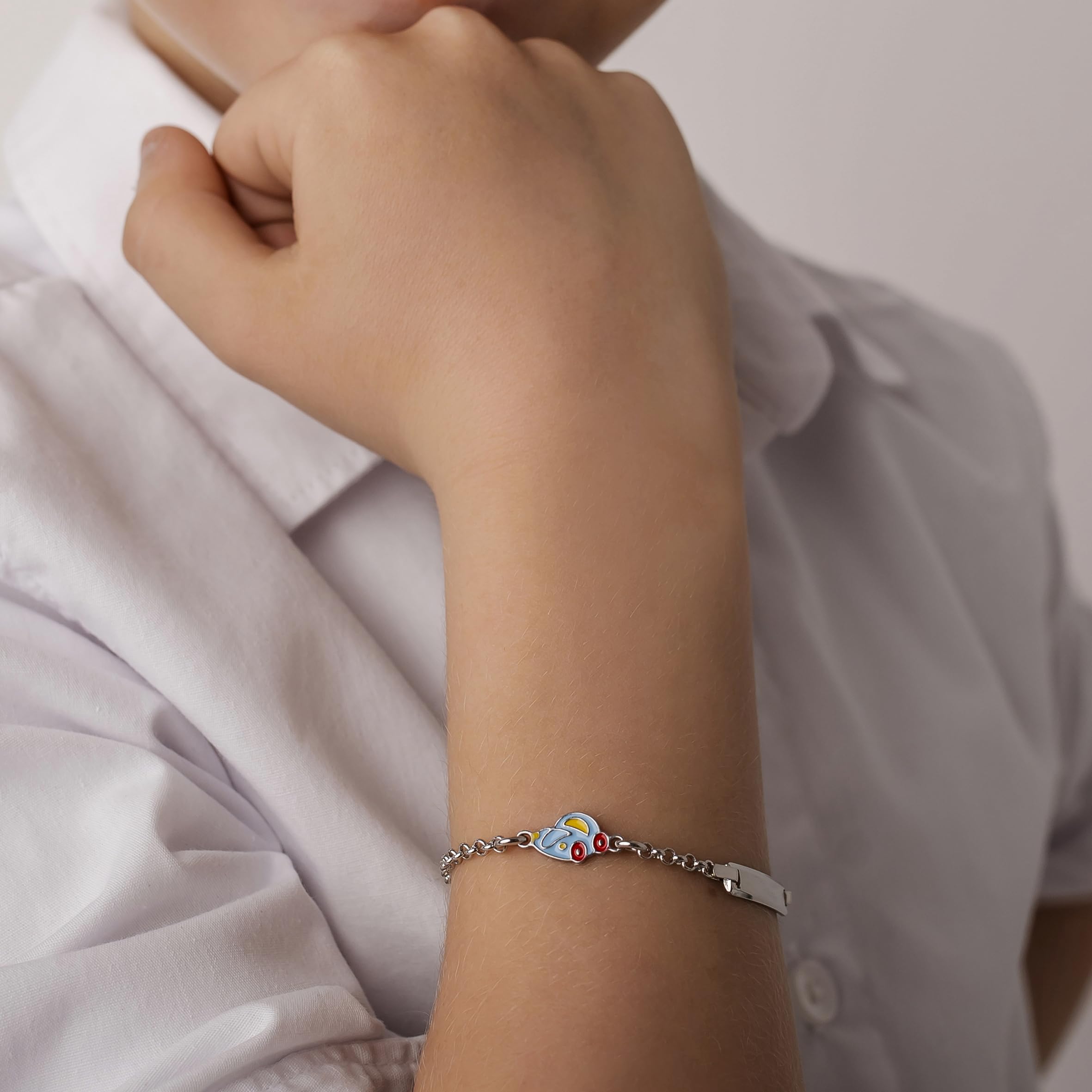 Sakrami Bracelet en argent 925 avec émail pour voiture de bébé Collection enfants + boîte cadeau personnalisée - Bracelet de naissance, de communion ou de baptême