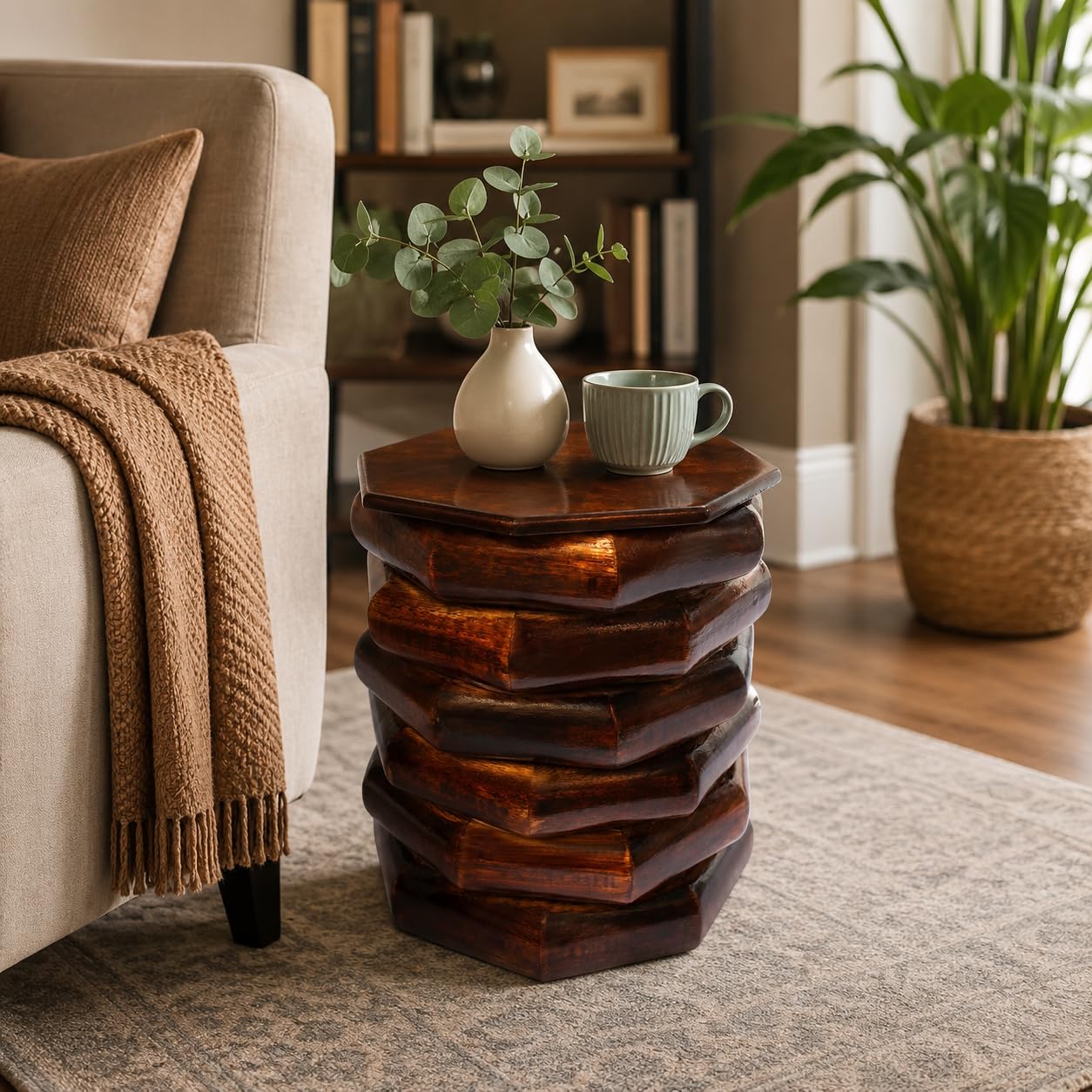 WOODLY Wooden Stool for Living Room | Side Stool | Table for Bedroom | Brown, Square, 9x9x9 inches, Contemporary Style, No Assembly Required-image-45