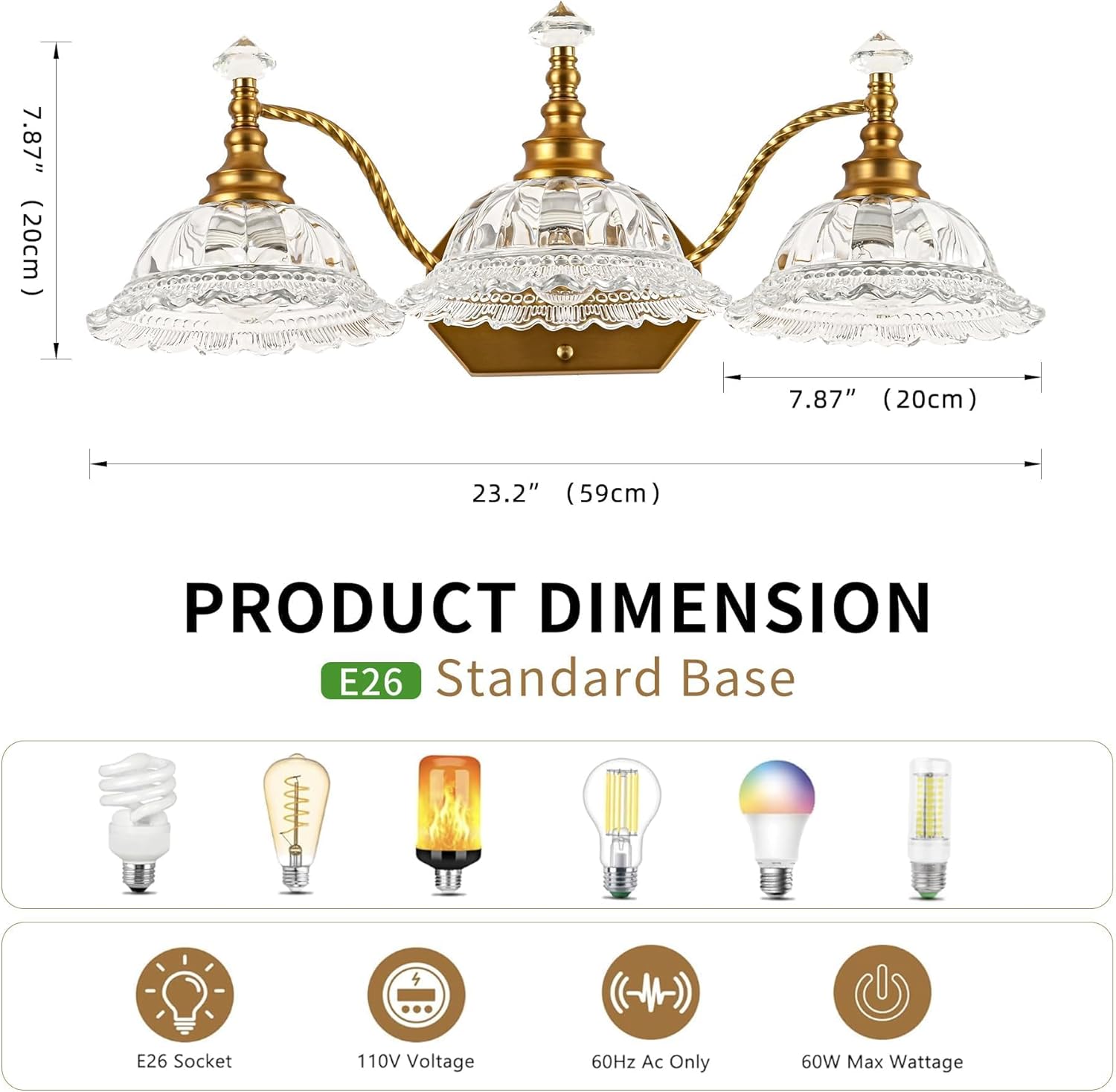 Vintage Bathroom Vanity Light Fixtures, 3-Light Brass Light Fixtures Over Mirror with Crystal Glass Flower Shade, Mid Century Farmhouse Wall Mount Lighting for Living Room, Kitchen