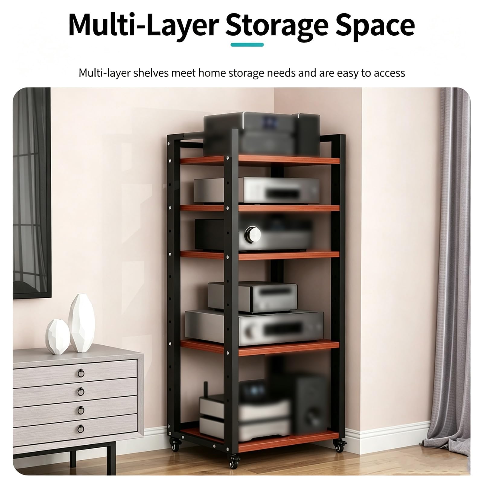 Rack audio video,Mensola AV HiFi regolabile a 5 livelli, unità elettronica | Rack Audio In Acciaio Robusto con ruote universali Per Amplificatori, Ricevitori E Componenti Home Cinema