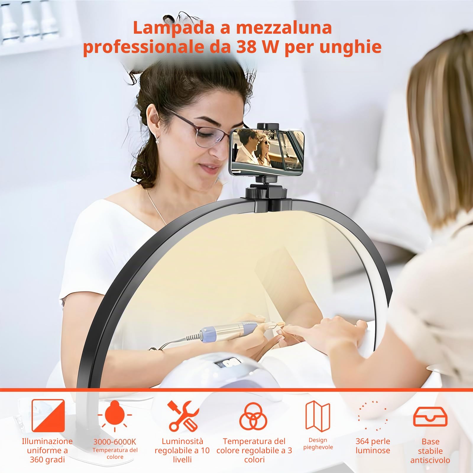 Lampada a mezzaluna per chiodo scrivania, lampada da tavolo per bellezza/ciglia/lettino cosmetico (quadrato - nero)