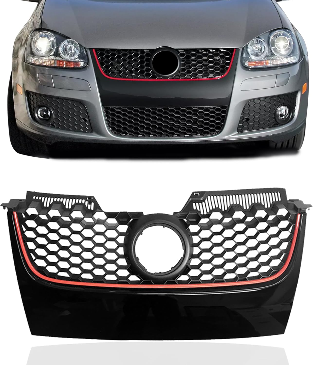 PartsFlow Main Front Upper Grill Gloss Black W/Red Trim Hex Mesh Grille Compatible With VW Volkswagen GTI Jetta 2006 2007 2008 2009 Black With Red Trim Grille