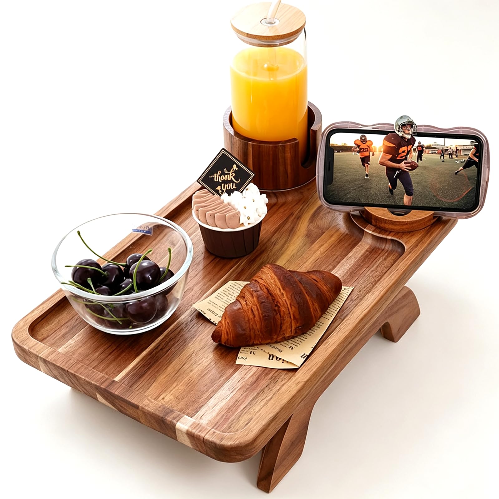 Bandeja de bambú para brazo de sofá con portavasos y soporte