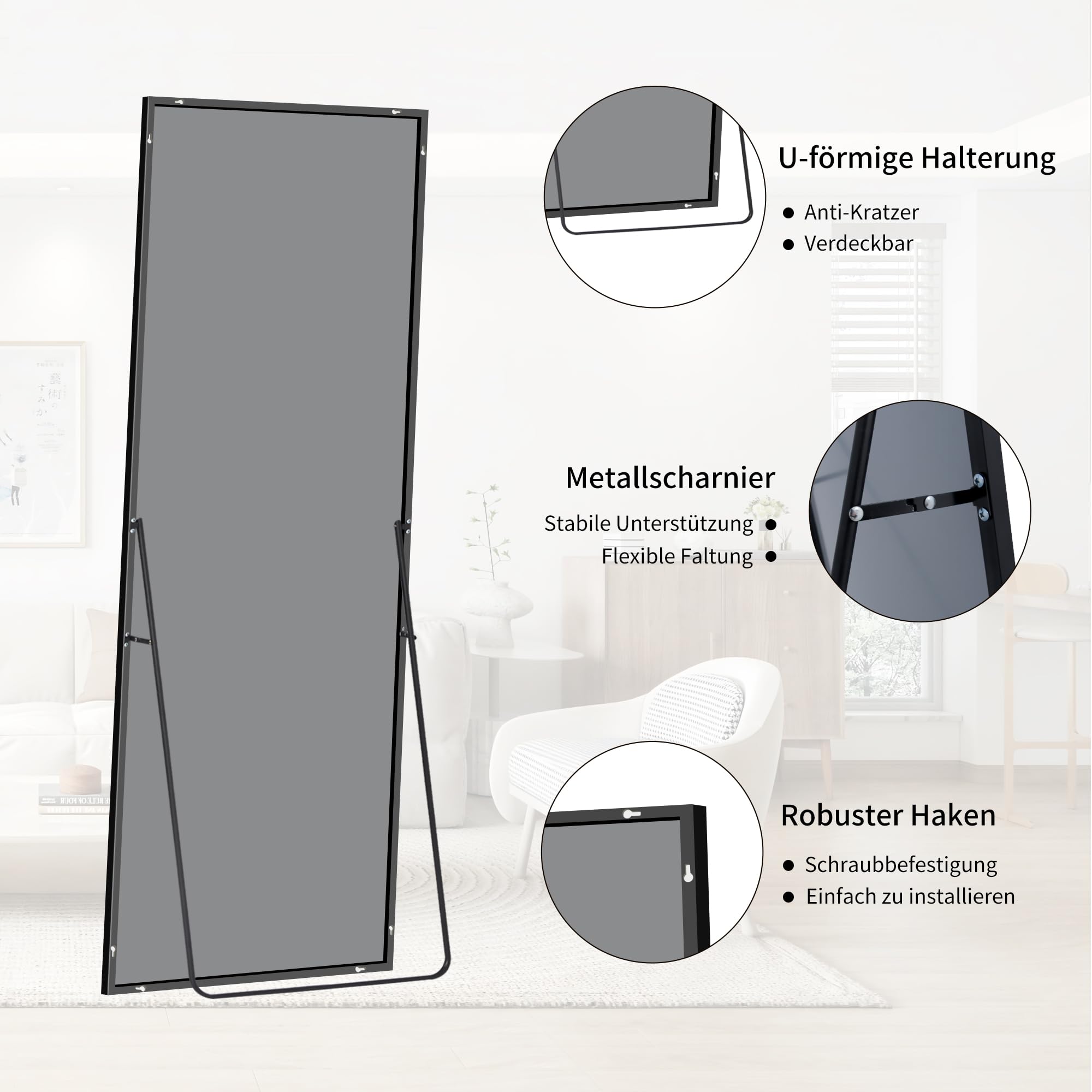 BONEWEI Ganzkörperspiegel 161 x 52 cm, Rechteckiger Standspiegel mit Schwarzem Aluminiumrahmen, Groß Wandspiegel Bodenspiegel für Schlafzimmer, Eingangsbereich, Flur, Heimdekorationn