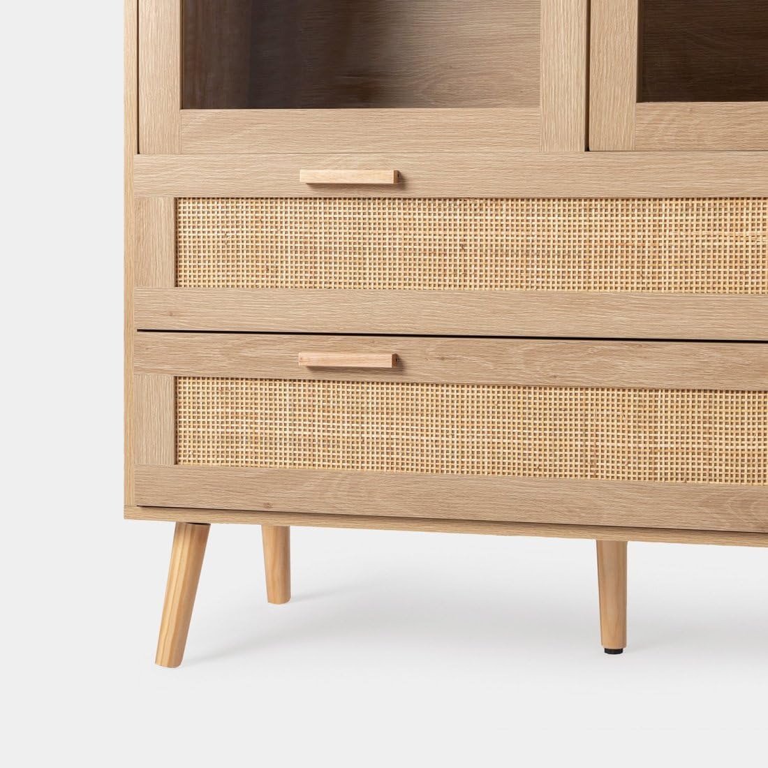 KLAST Vitrine en Bois et en Rotin Naturel avec Dos Portes Vitrees, Trois Etageres et Dos Tiroirs pour Le Rangement. Dimensions : 100 Cm x 170 Cm