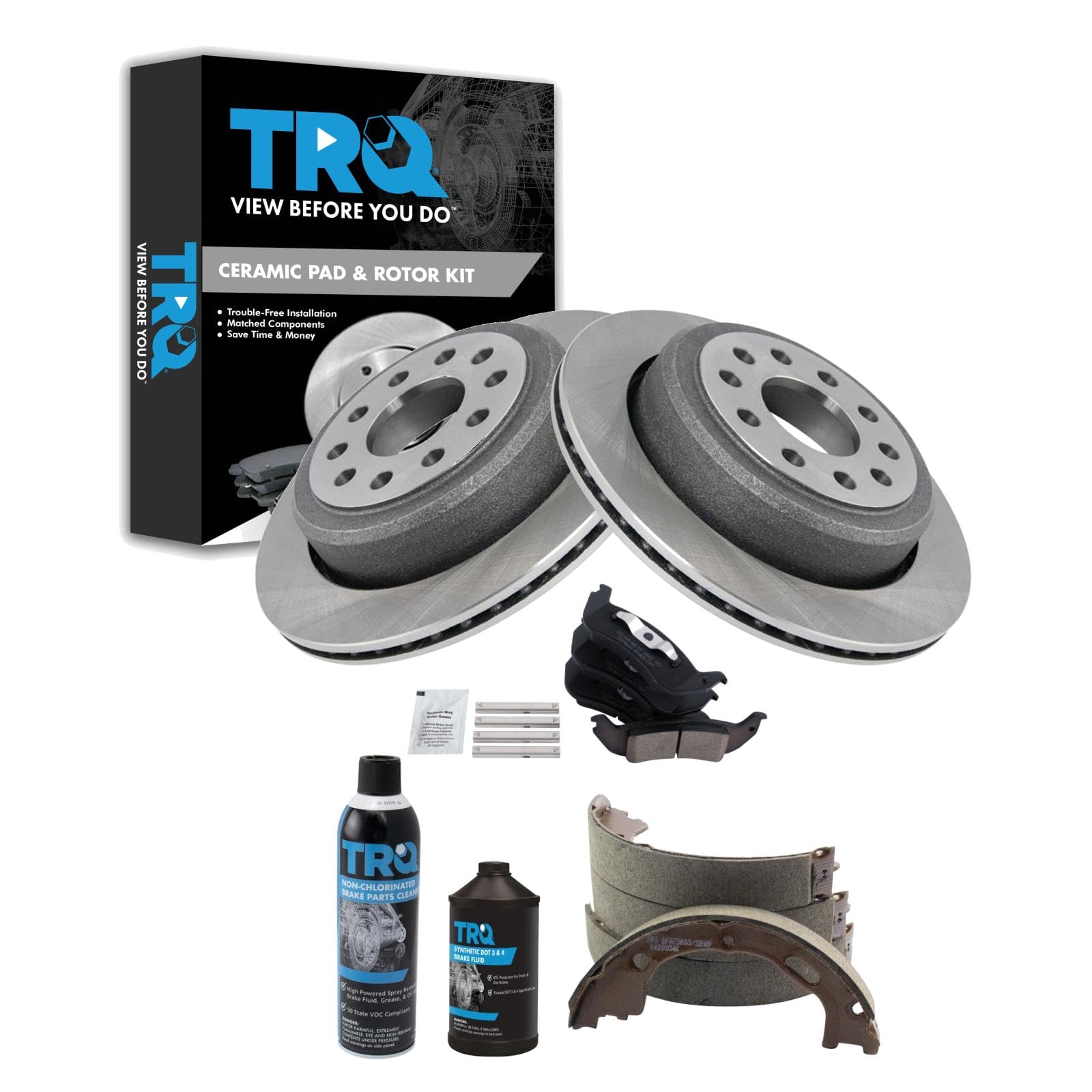 TRQ Rear Brake Pad &amp; Rotor Kit, with Chemical Kit Parking Brake Shoe Set Ceramic Compatible with 2005-2011 Lincoln Town Car