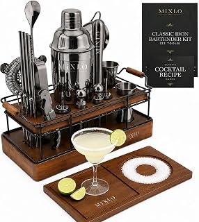 Mixology Bartender Kit - Classic Iron 22 Dark Brown Stand - Gunmetal Tools with Cobbler Shaker