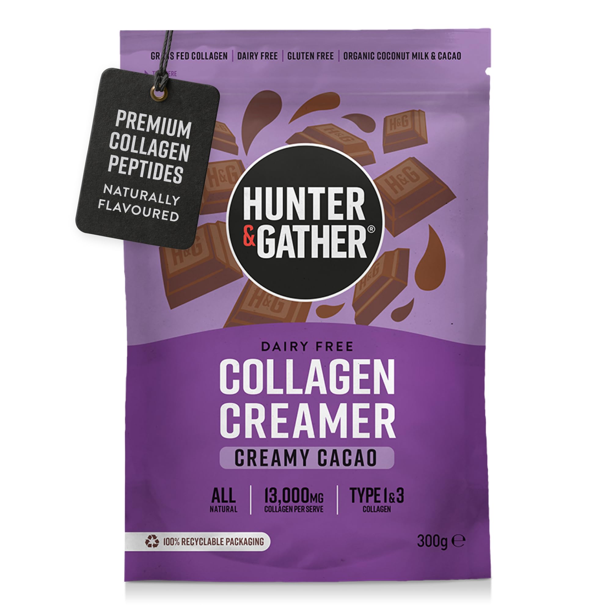 Hunter & Gather Collagen Creamer for Coffee I Creamy Cacao I 300g I Grass Fed Type 1 & Type 3 Bovine Collagen Peptides I Dairy Free I 13,000mg per Serve I Support Hair, Skin, Nails, Muscles