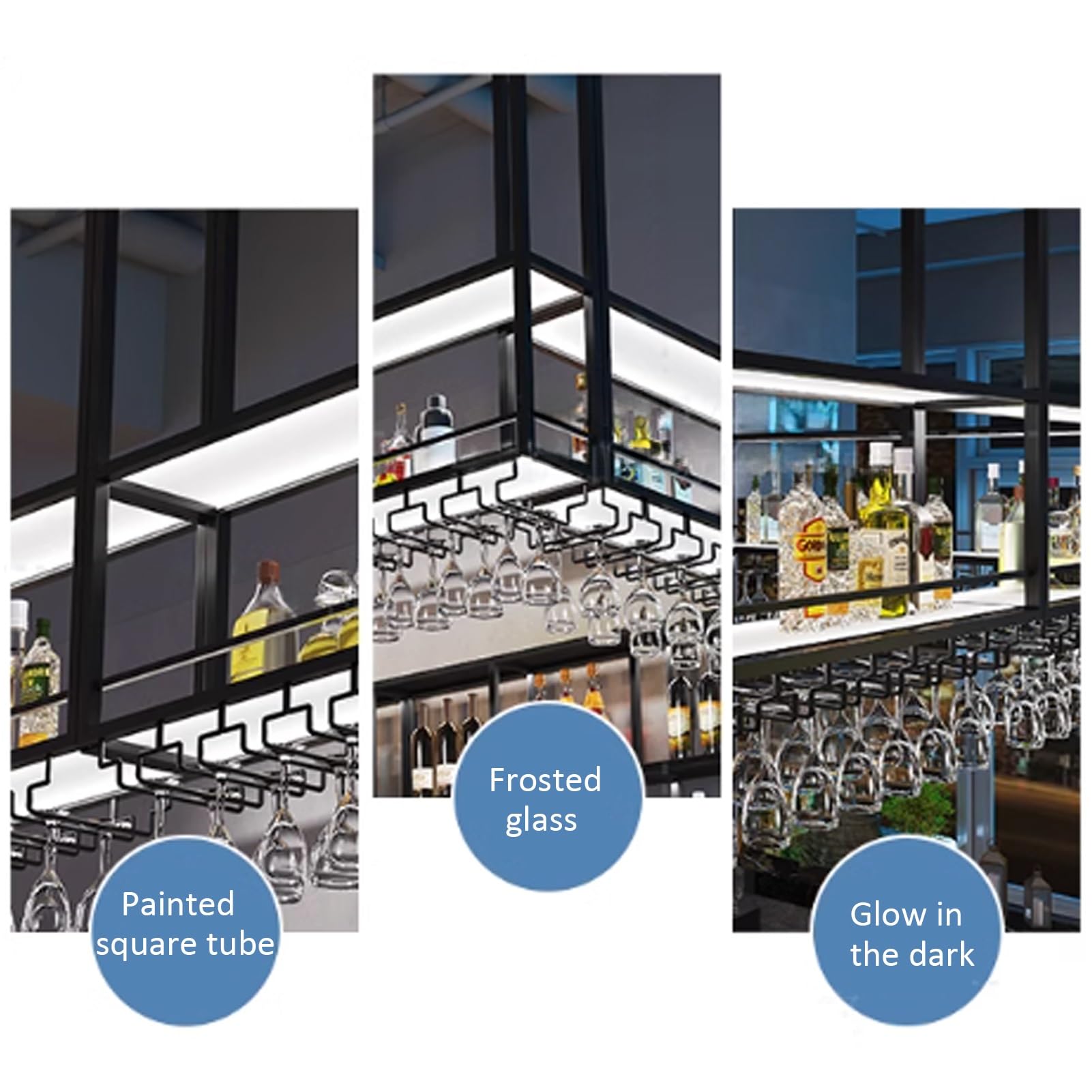 Estante flotante de metal negro montado en la pared con luz LED, soporte multifuncional grande para botellas de licor y copas de vino (300 cm)