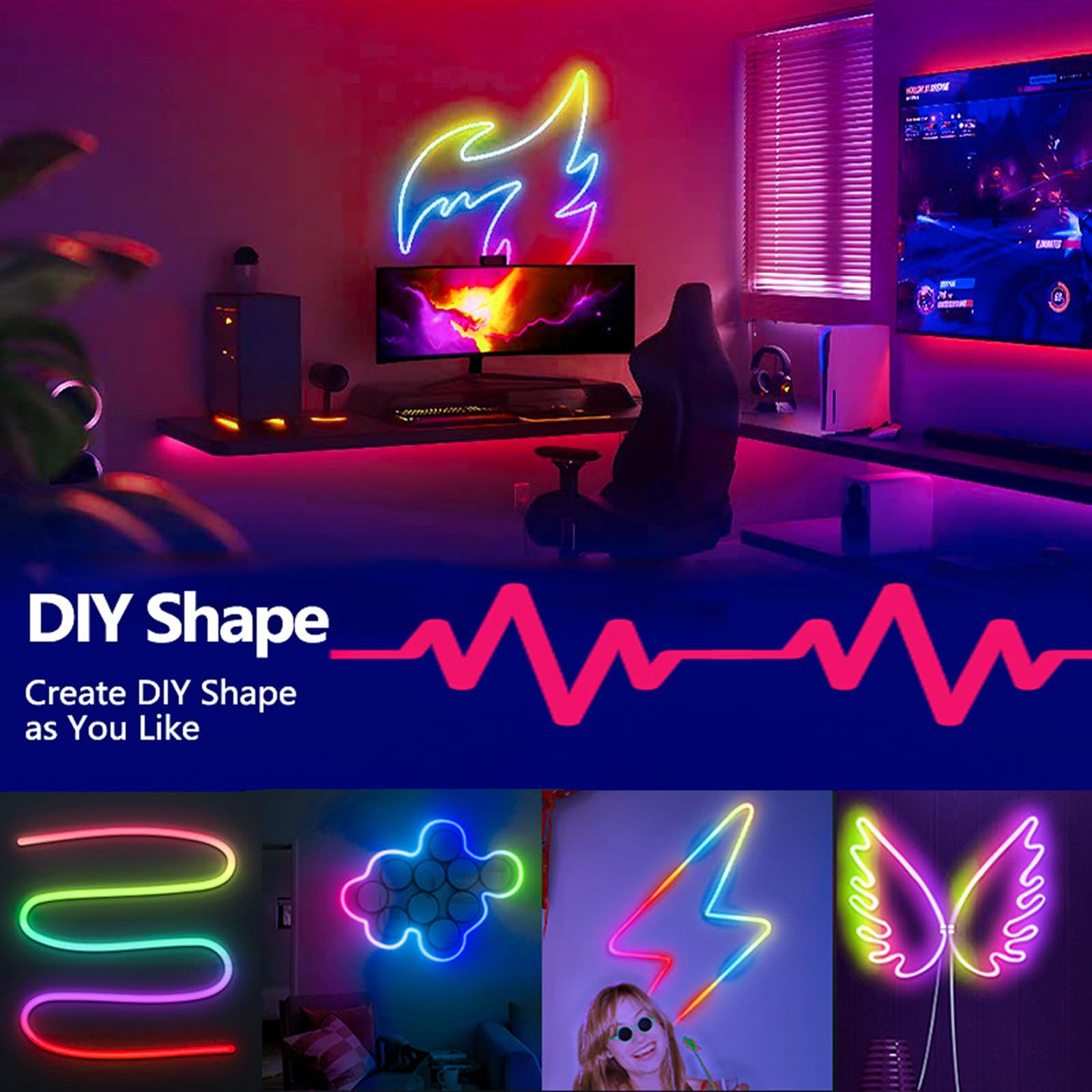 Tira LED de neón, iluminación ambiental activada por voz Wi-Fi/Bluetooth, control con aplicación/mando a distancia múltiples modos, sincronización de música, tira de luz flexible que cambia WiFi -10m