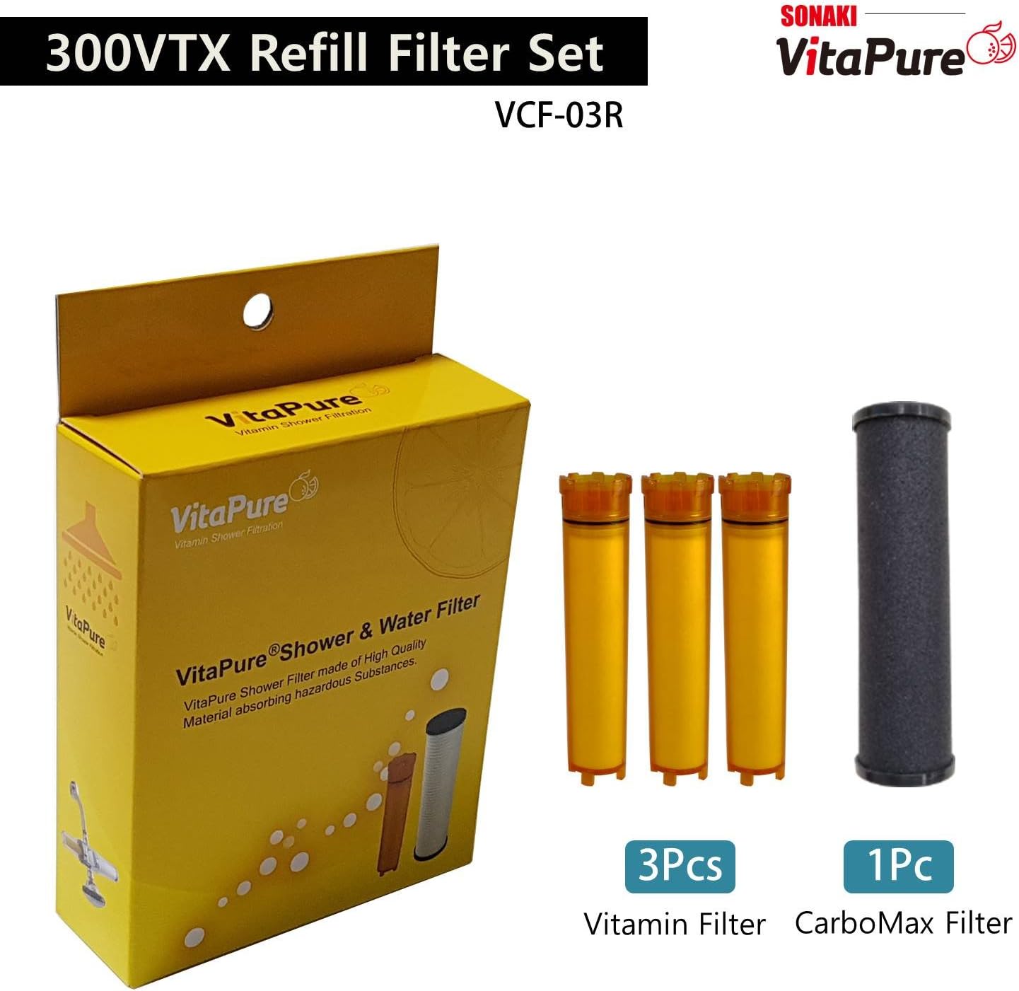 VTX-03R Refill Shower Filter Cartridges for VitaMax Combo SUF-300VTX, 1 CarboMax & 3 Vitamin C filters