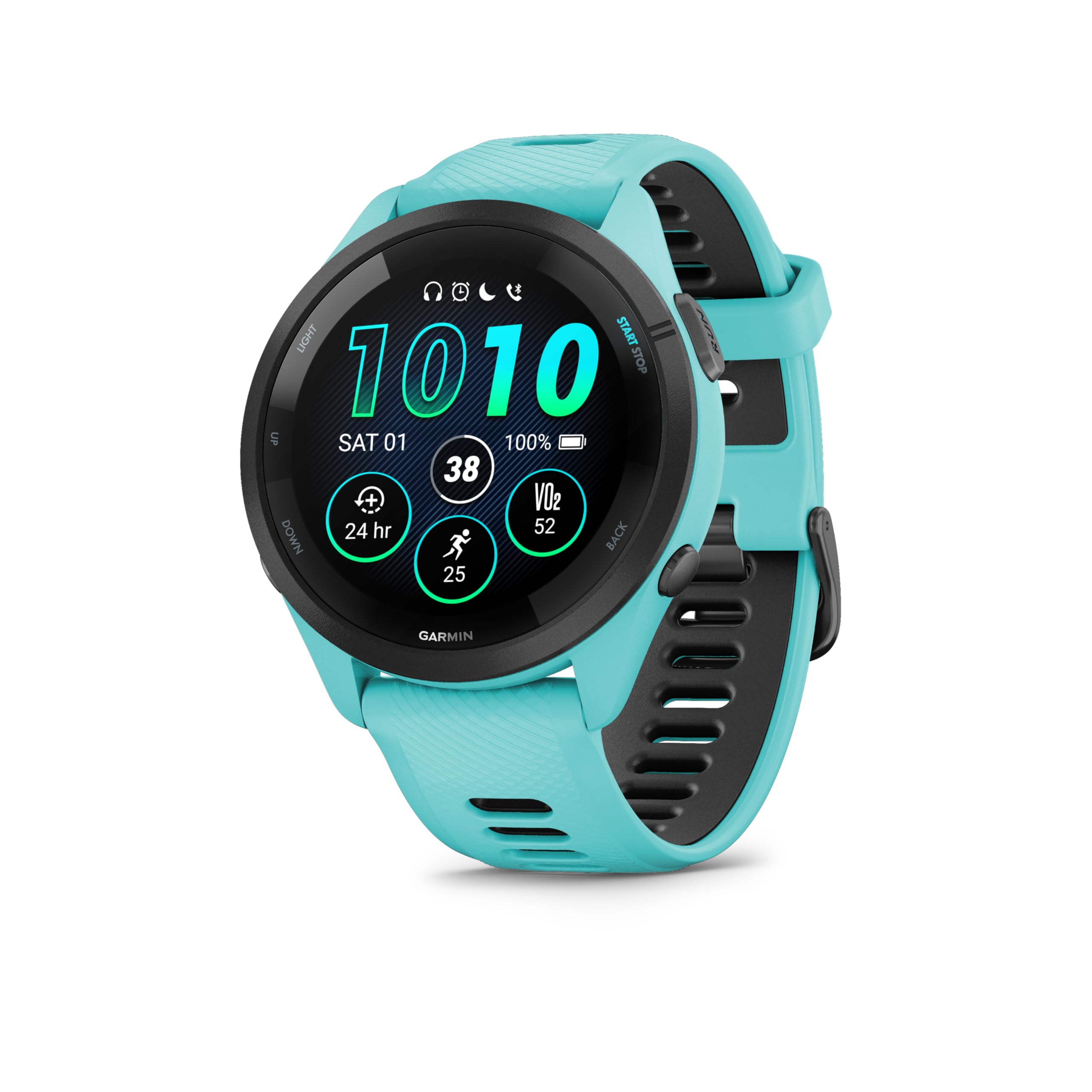 Garmin Forerunner 265 - Montre GPS de Running avec écran AMOLED - Blanche avec Bracelet en Silicone Turquoise/Noir