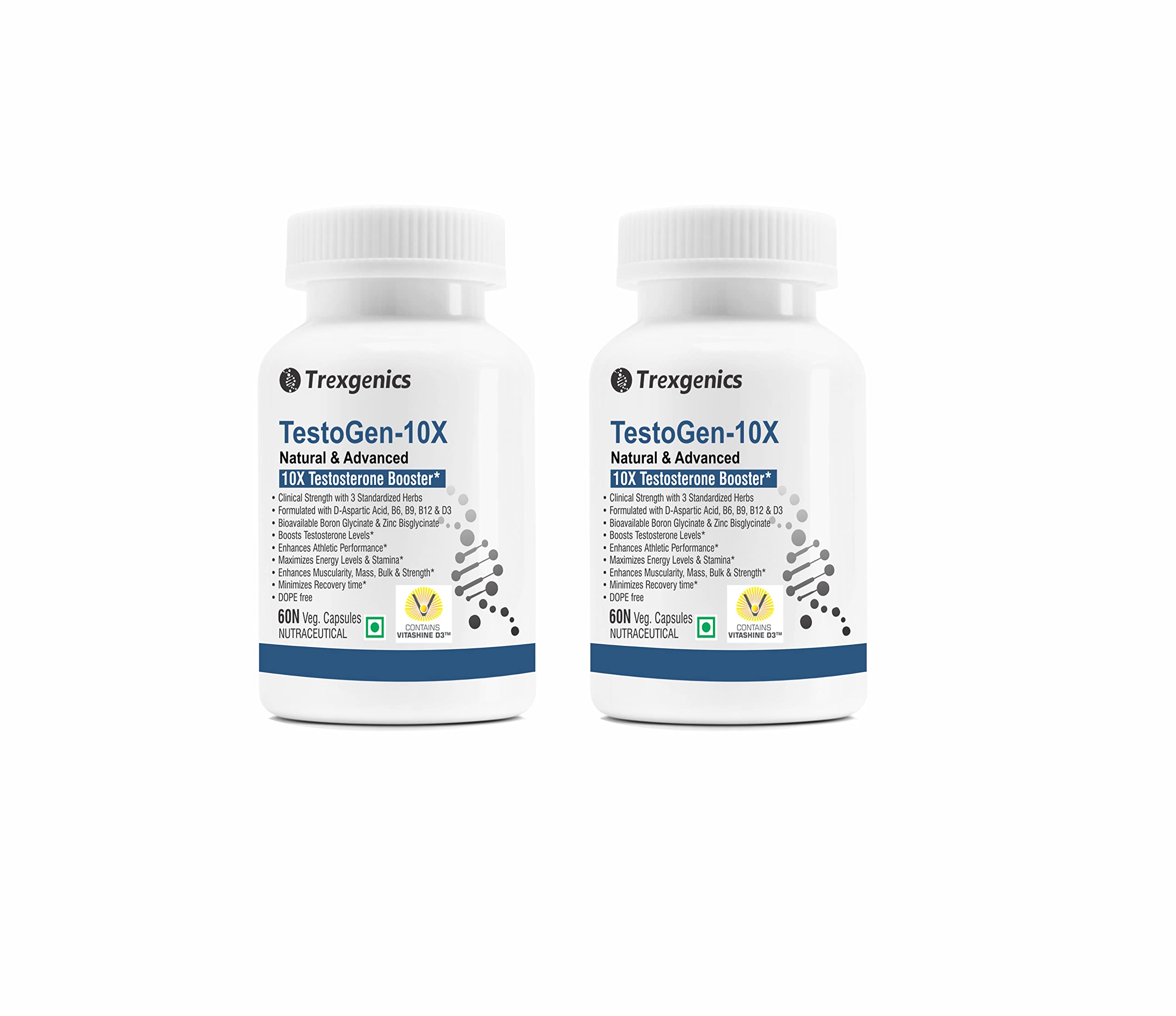 Trexgenics Testogen-10X Synergistic Testosterone and Athletic Performance Booster with Ashwagandha withanolides, Fenugreek & Tribulus saponins, Boron Glycinate,Zinc,Aspartic acid,D3 (60 x 2 = 120 Veg Capsules)