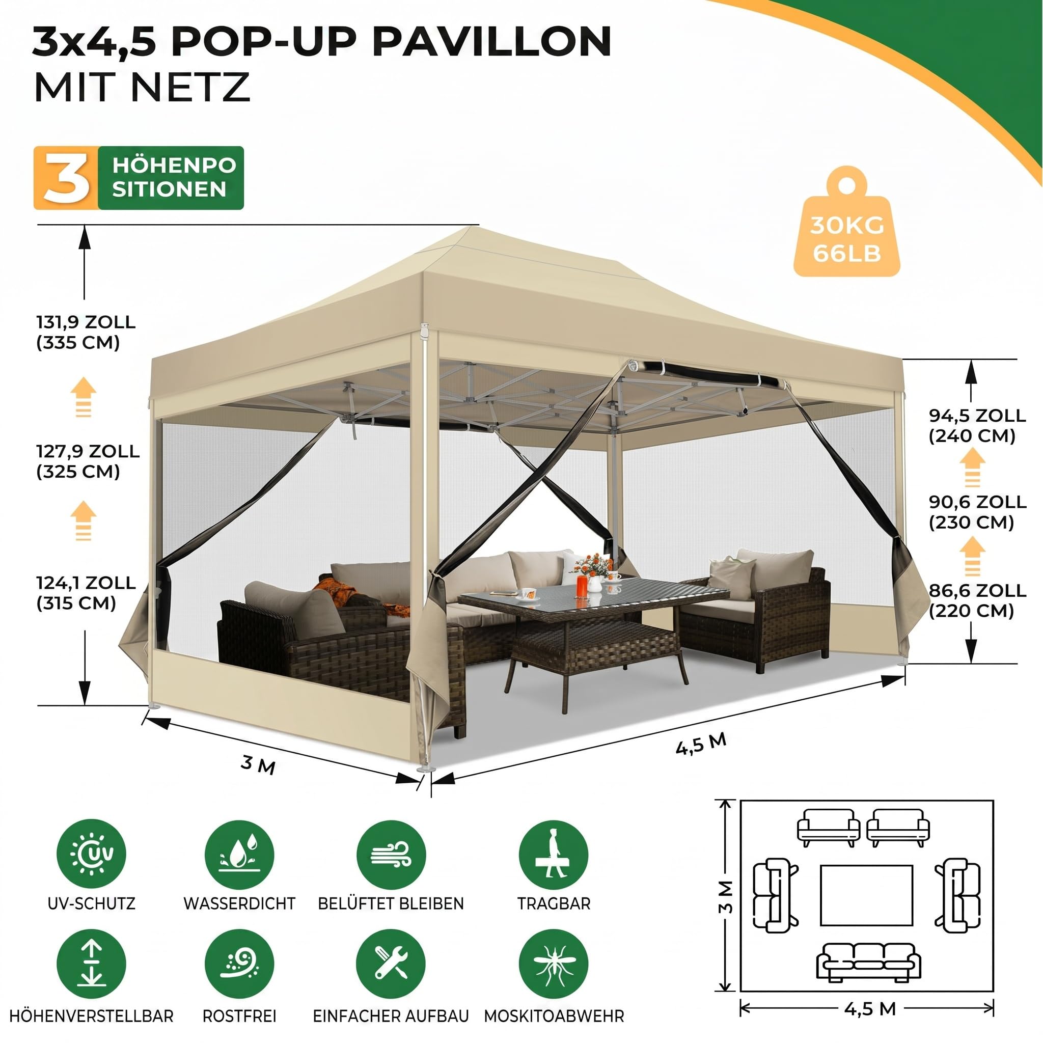 COBIZI Faltpavillon 3x4,5 Wasserdicht Stabil, Partyzelt Faltbar mit 4 Seitenwänden Moskitonetz Pop Up Gartenpavillon Anti-UV für Garten, 420D Oxford, Tragetasche mit Rollen, Khaki