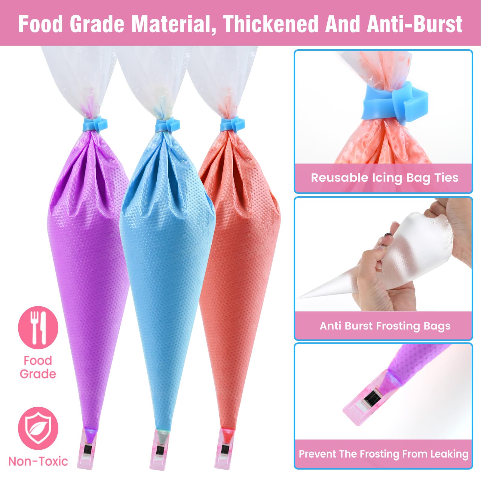 firstake Bolsas pasteleras sin tipless, 100 unidades, bolsas desechables de 14.8 pulgadas, bolsas de pastelería antiestallido, bolsas de glaseado, kit de decoración de pasteles con 5 lazos para bolsas