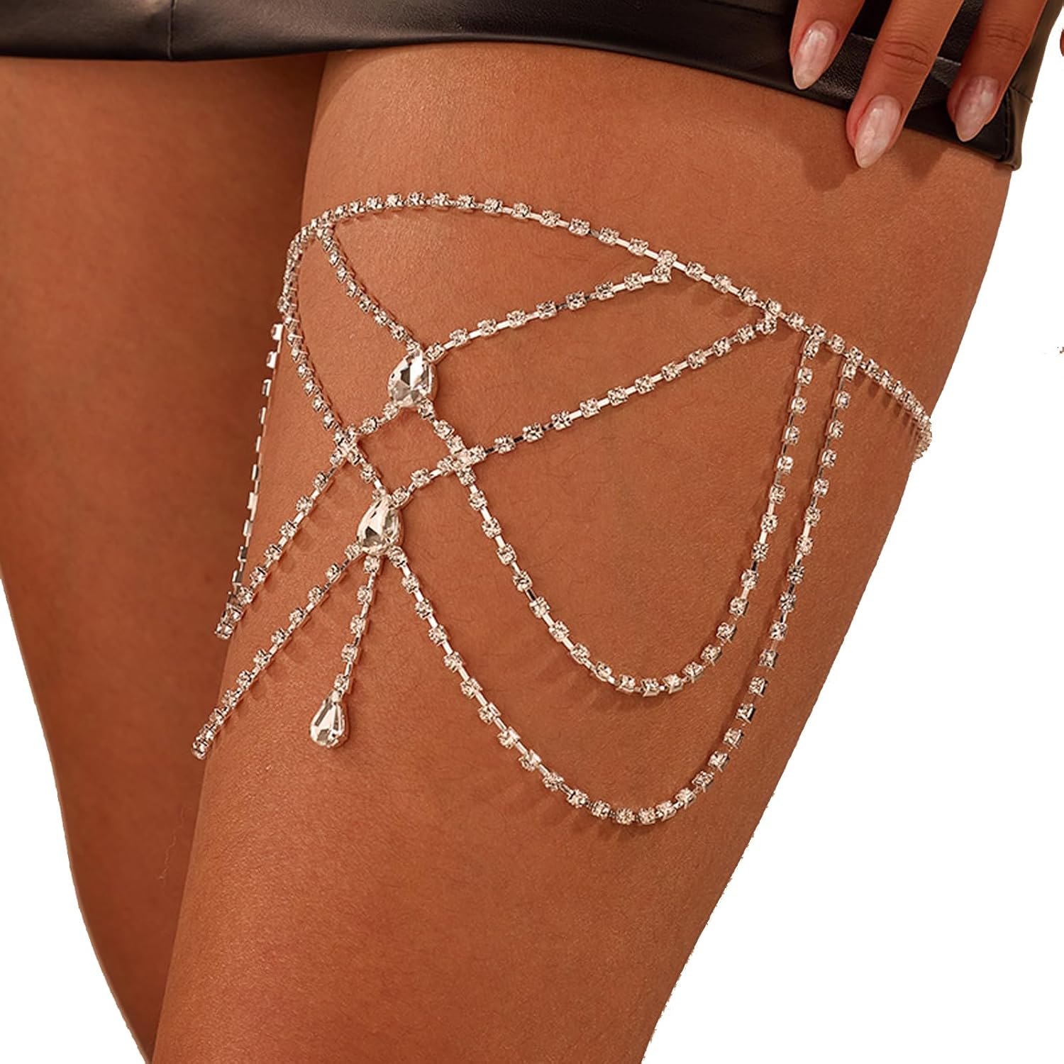 Rhinestone Thigh Chain for Women -Summer Beach Crystal Layered Leg Chain Jewelry, Festival Rave Adjustable Thigh Garter Jewelry for Party