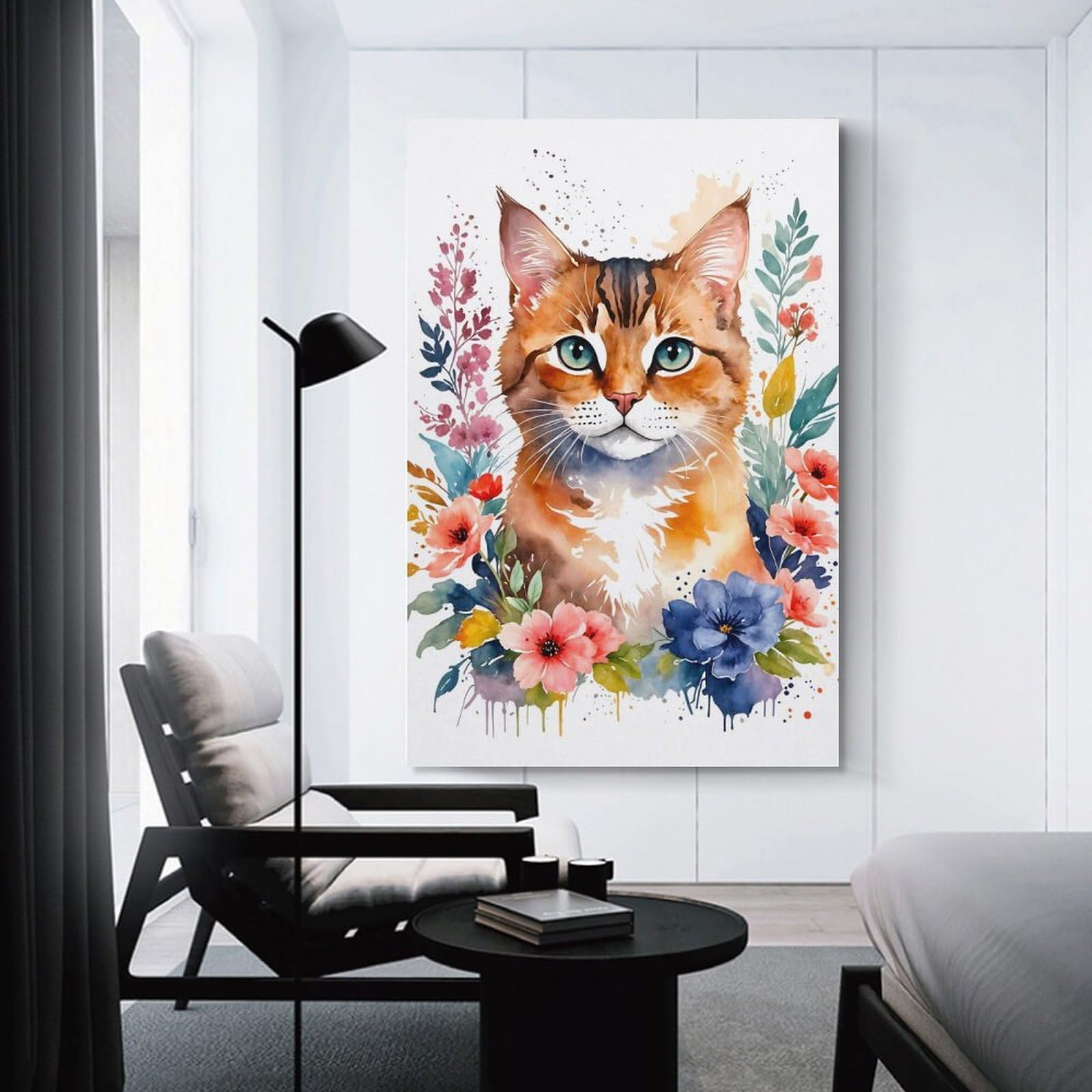 Junmoney Unframe-Style-8 Cat Watercolor Flowers Decorative Wall Artwork 16X24inch(40X60cm), For Corridors, Hallways Or Apartment Entries, Home Artwork For First Impressions