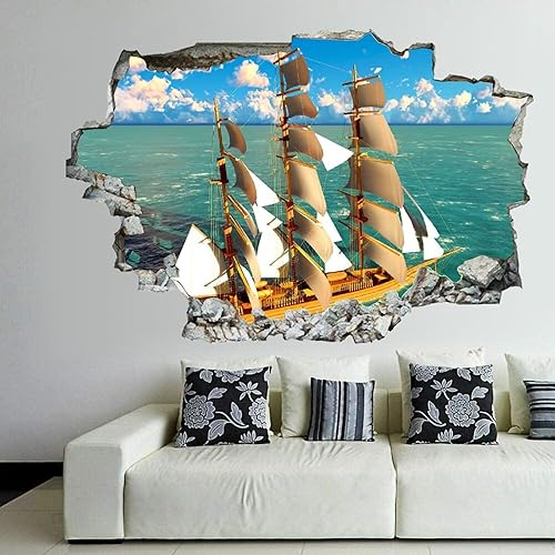 Miniatura 1 de Calcomanía de pared con diseño de naves marinas, diseño de paisaje, 3D, extraíble, PVC, divertido arte de pared, decoración del hogar, mural de