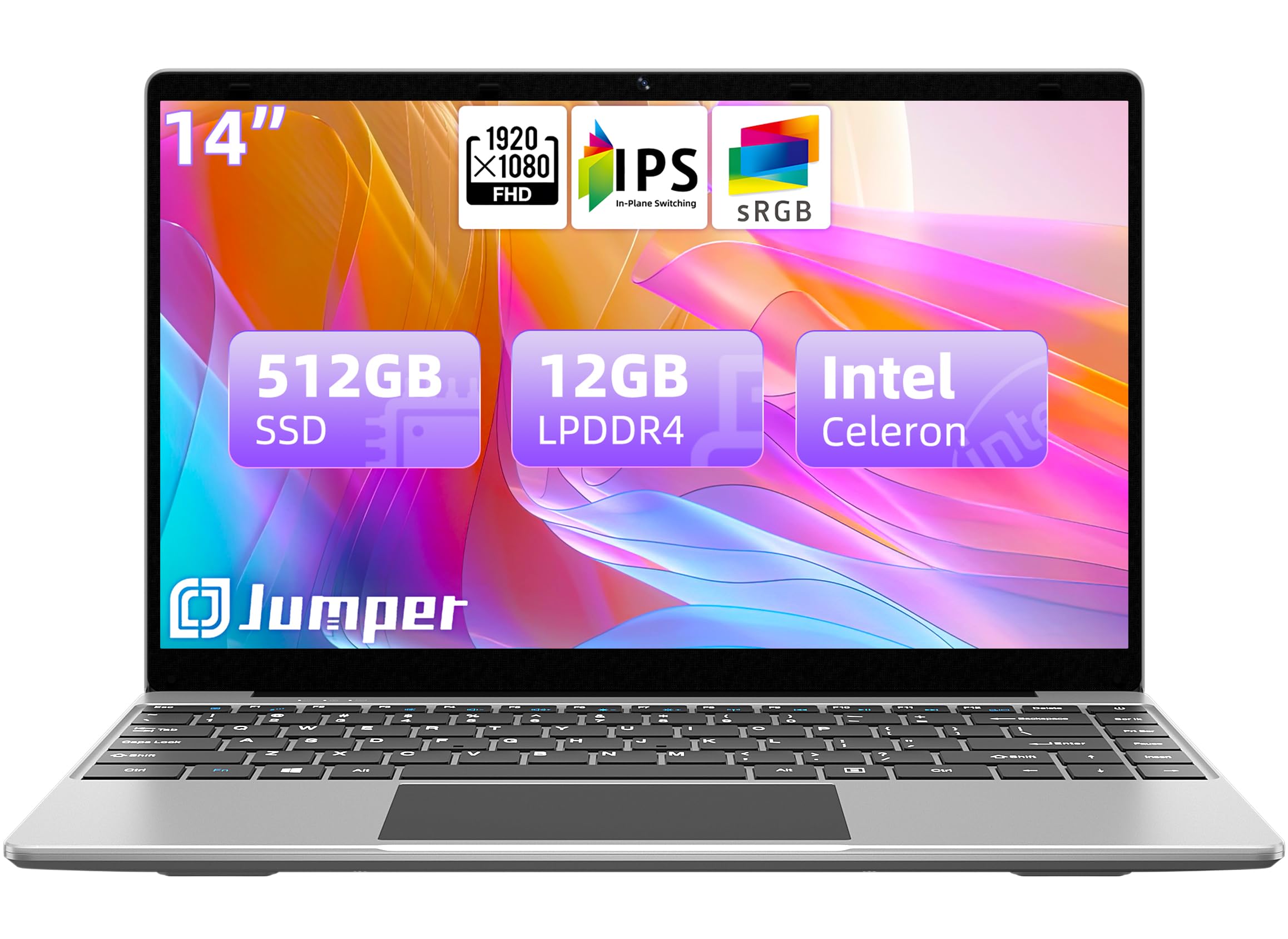 jumper Laptop, 12GB LPDDR4 RAM, 512GB SSD ROM, 14 Inch 1080p FHD IPS Screen, Windows 11 Laptops Computer with Celeron 4-Core Processor, UHD Graphics 600, 2 Stereo Speaker, Lightweight, Portable.