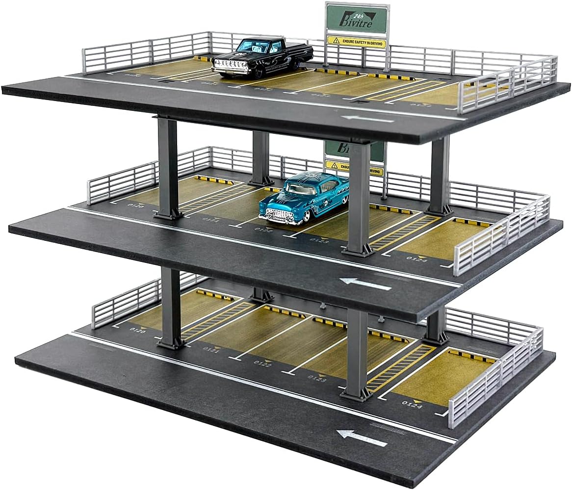 Hot Diecast Wheels Display Case - 1/64 Scale Die-cast Model Car Organizer, Hot Diecast Wheels Parking Garage Dioramas with 15 Parking Spaces (Horizontal Railing)