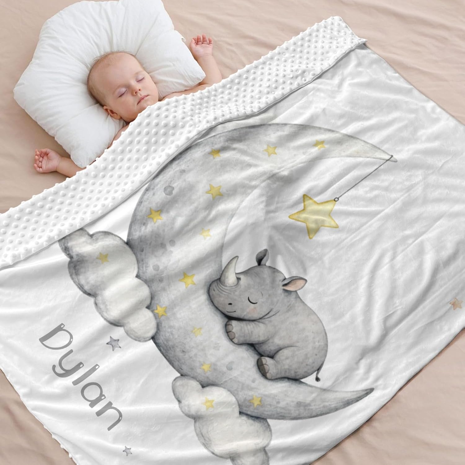 Rhinoceros Sleeping Personalized Baby Blanket for Boys Girls,Custom Soft Minky Blanket Layer Dotted Newborn Naps 50X60 in