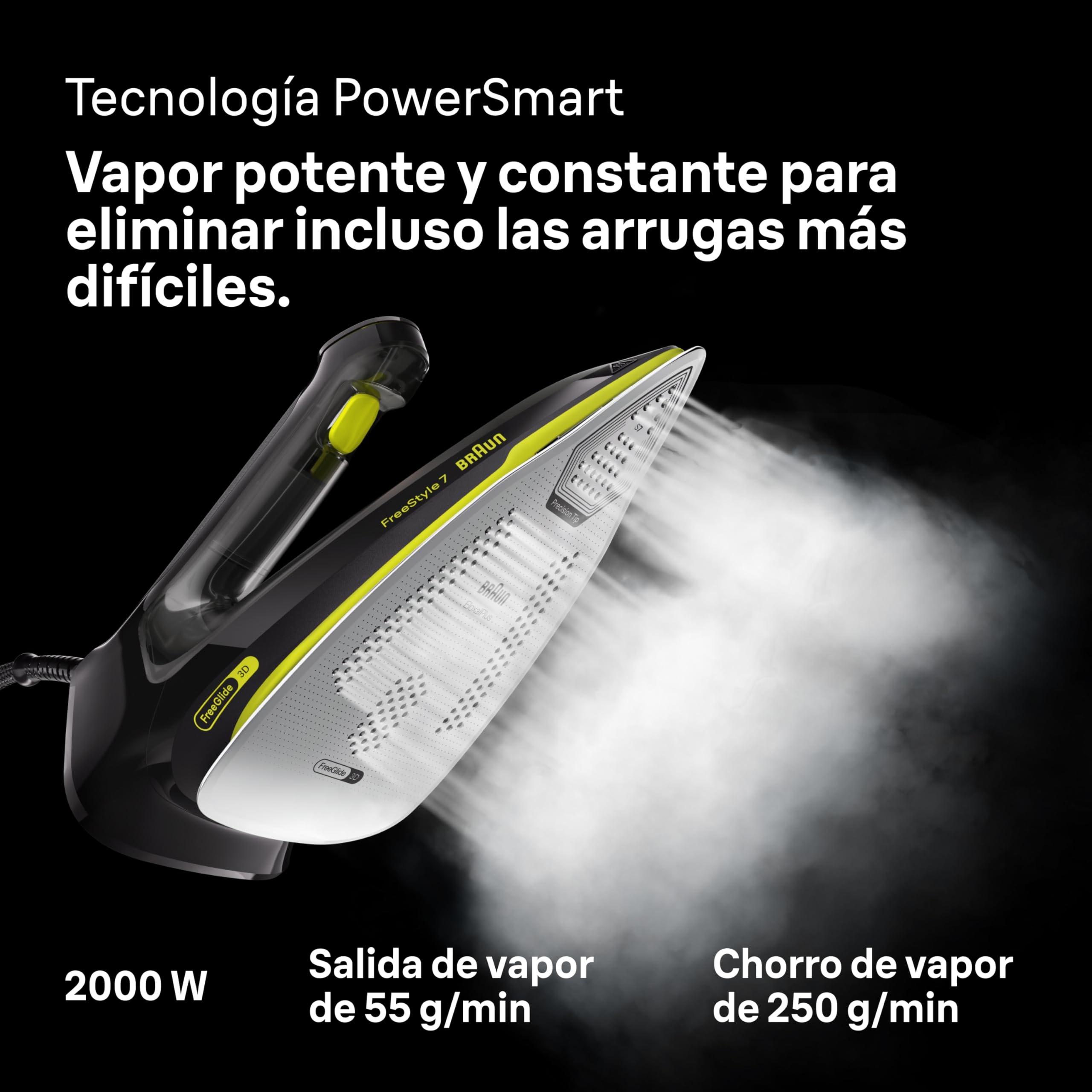 Braun FreeStyle 7 – Plancha de Vapor Ergonómica y Fácil de Usar, Función Turbo, Planchado Rápido y Suave, Diseño Certificado, Negro y Verde (FI7255GR)