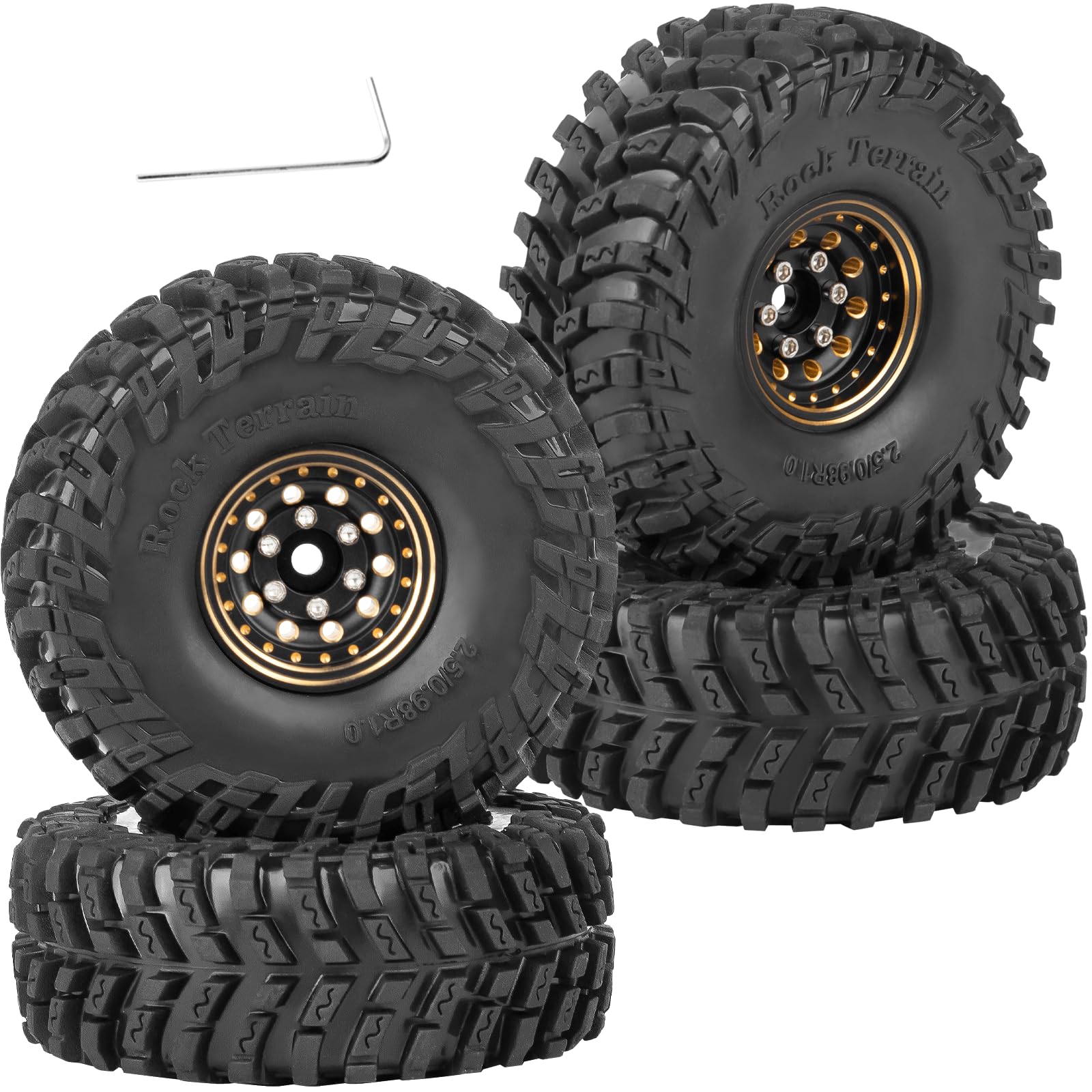 RcarmubWow 1.0 Beadlock Wheels and Tires for 1/24 1/18 RC Crawler Car Axia1 SCX24 TRX4M,Brass 1.0 Beadlock Wheels 1.0 Beadlock Tires Set Soft Sticky 1.0 Mud Tires,4pcs