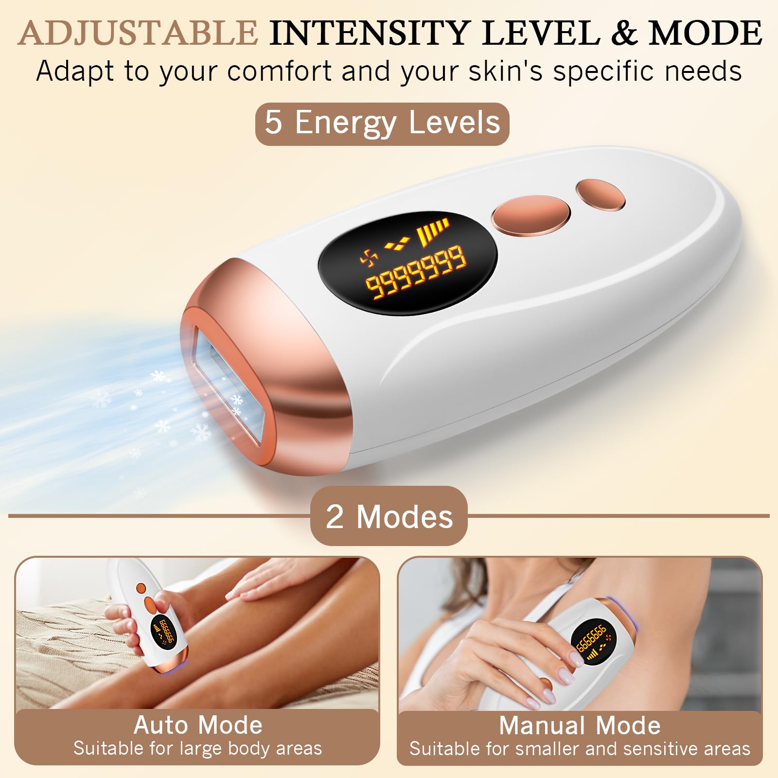 Depiladora Láser IPL con Función de Enfriamiento, 999.999 Flashes, 5 Niveles de Energía y 2 Modos, Depilación Luz Pulsada Indolora para Mujeres y Hombres, Cara, Cuerpo, Axilas, Bikini