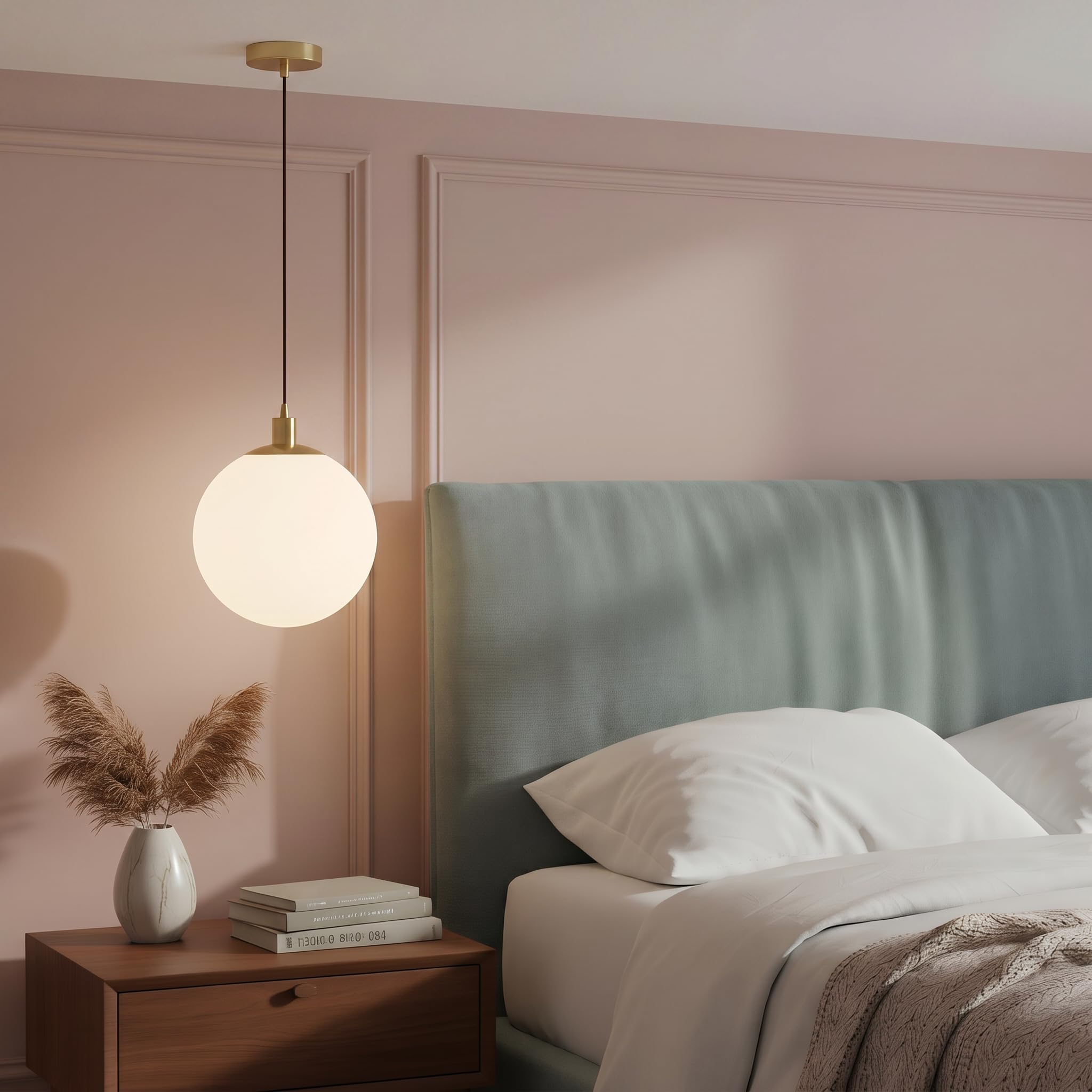 Minimalist Bereifte Weiße Glaskugel Pendelleuchte Moderne Hängelampe E27 Messing Geflochtene Litzenleiter Deckenleuchte für Schlafzimmer Salon Küche (30cm)