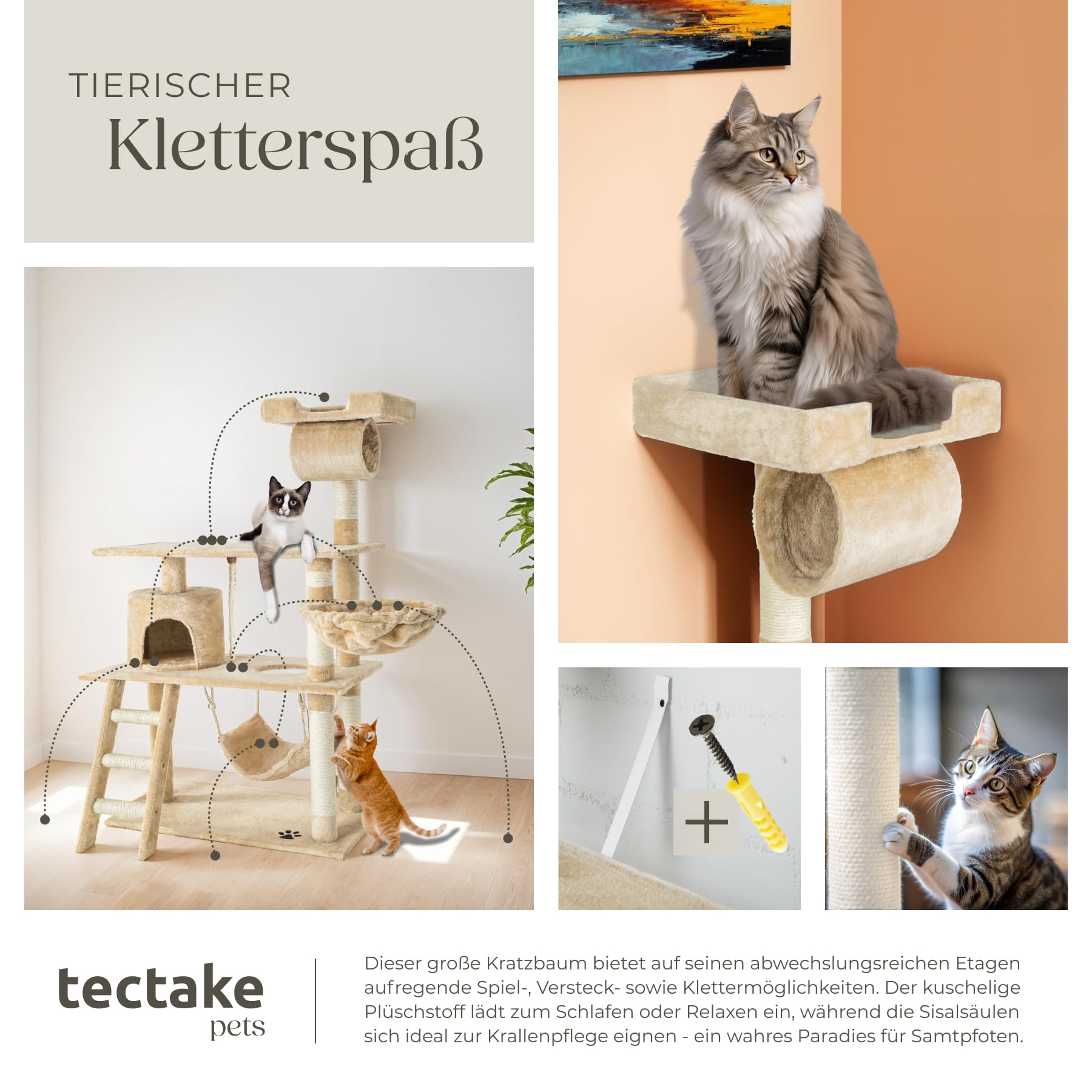 tectake Katzen Kratzbaum, Katzenbaum, Kletterbaum, 141cm hoch, Katzenhaus Indoor mit Hängematte, Höhle, Spielseil und Treppe, Plüsch Sisal, Katzen Kratzmöbel mit Spielzeug, extra breit - beige