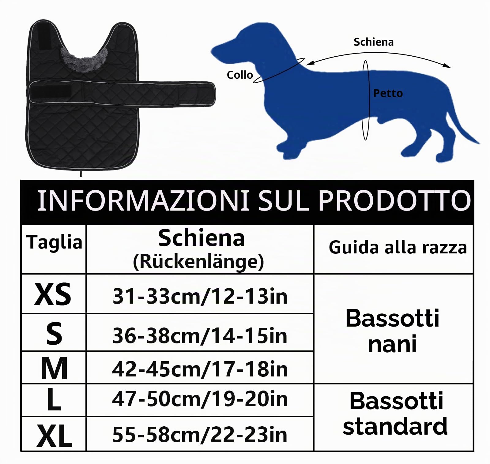 Geyecete - Cappotto Invernale termico trapuntato per cane bassotto,con fodera in pile caldo, abbigliamento per cani da esterno con foro per Imbracatura,Giacca per cani piccola y media-Nero-S