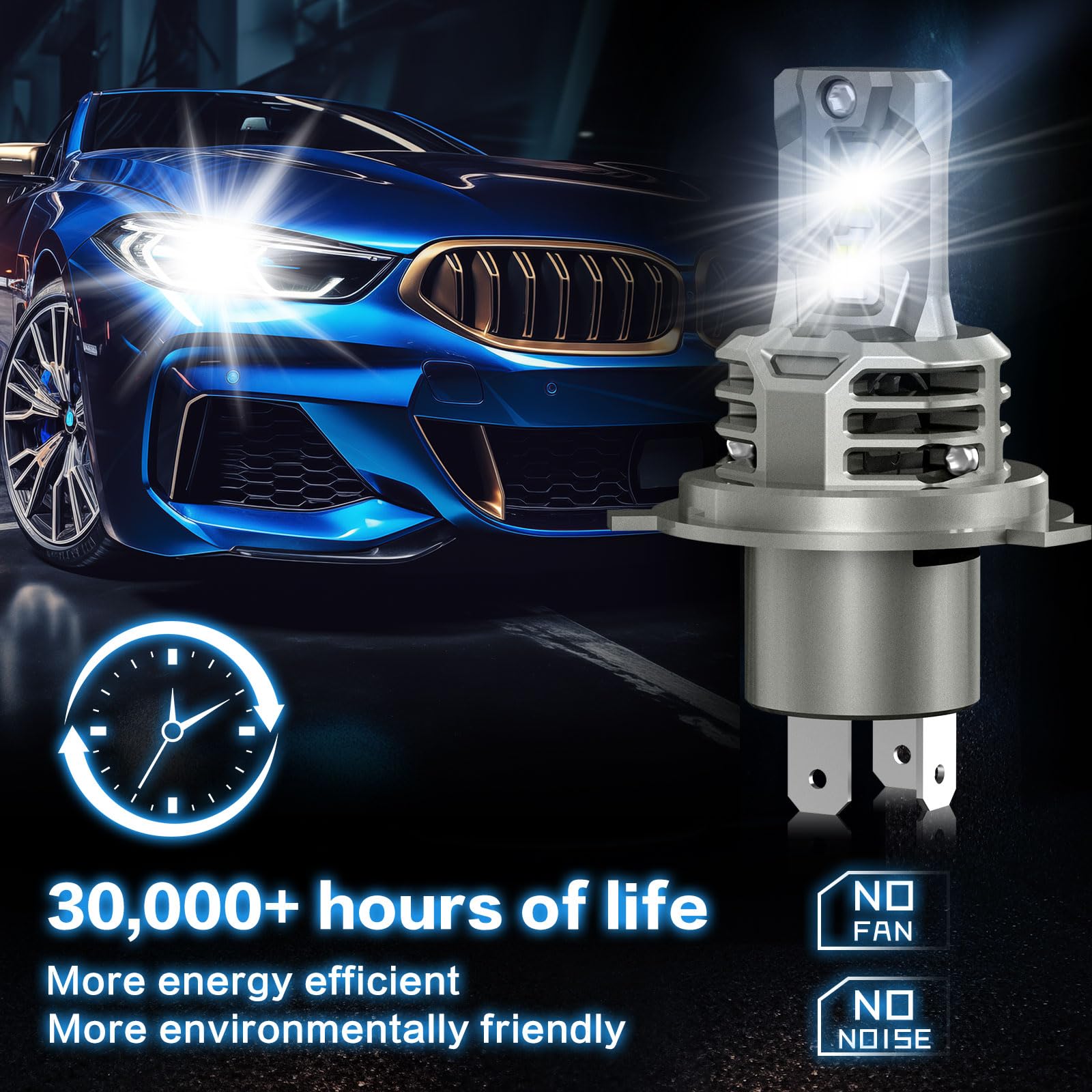 AUXIRACER Lampadina Auto H4 Led, 120w, 30000lm, 6500k Bianco 12v Lampadina Auto Led, Kit di Conversione Abbagliante/Anabbagliante per Auto, 2 Set