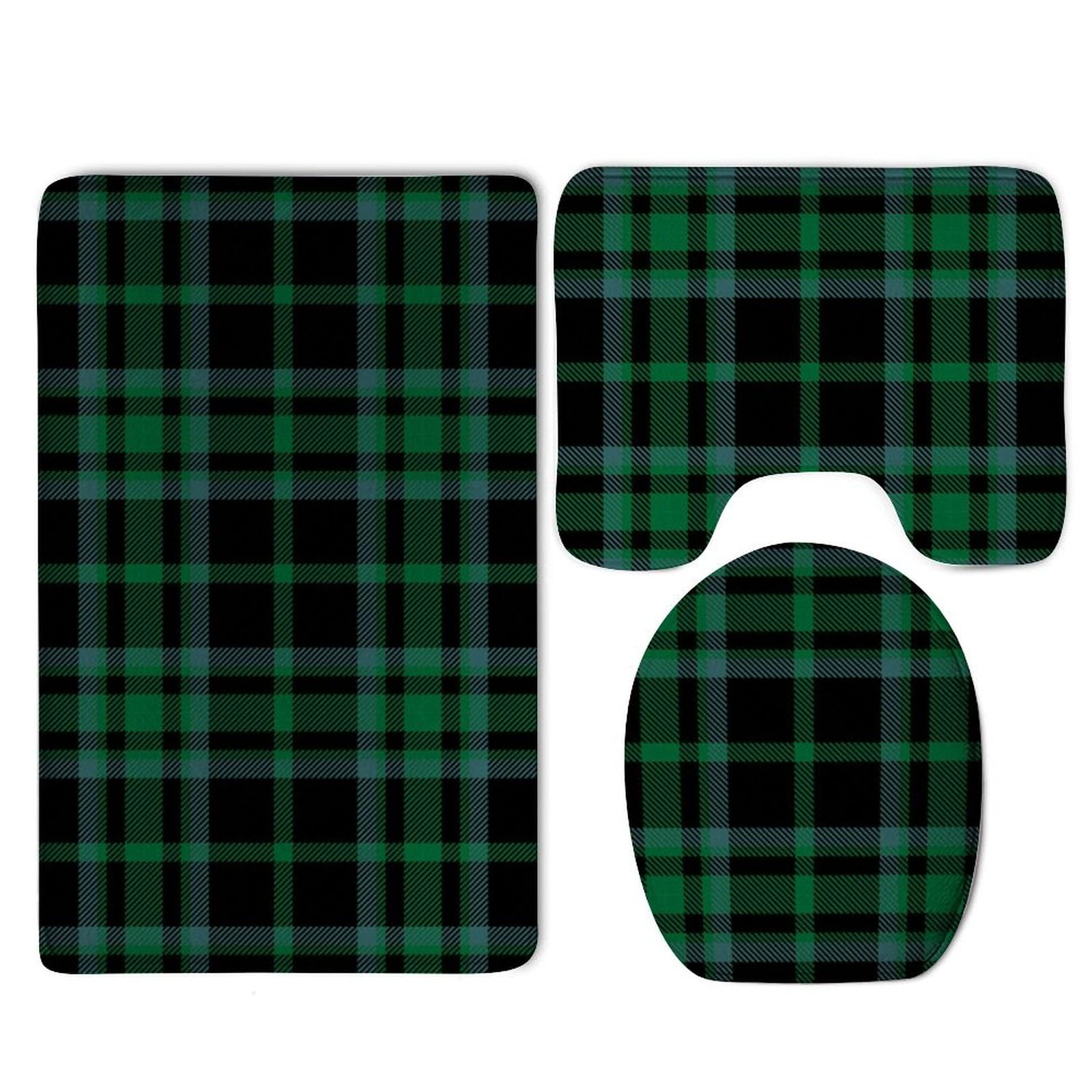 CWECVWE Bathroom Rug Set Green and Black Tartan Plaid Scottish, 3-Piece Set with Non-Slip Rug, Toilet Lid Cover and Bath Mat, Washable Bathroom Accessories Set for Home Decor