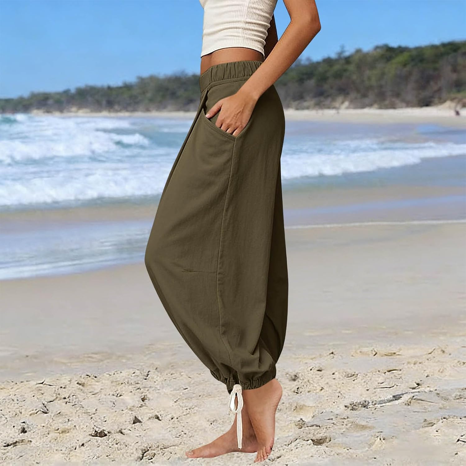 Women Capri Pants Wide Leg Summer Beach Capris High Waist Casual Pants Cropped Loose Vacation Trousers with Pockets