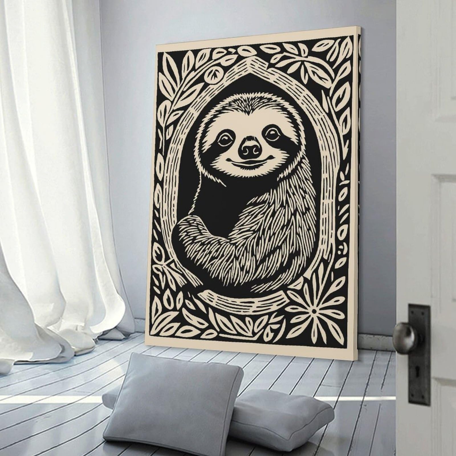 Junmoney Sloth Portrait in Nature Frame Canvas Wall Picture 24x36inch(60x90cm), for Picture Wall Styling in Lounge Or Bedroom, Decorative Artwork with Flexible Styling