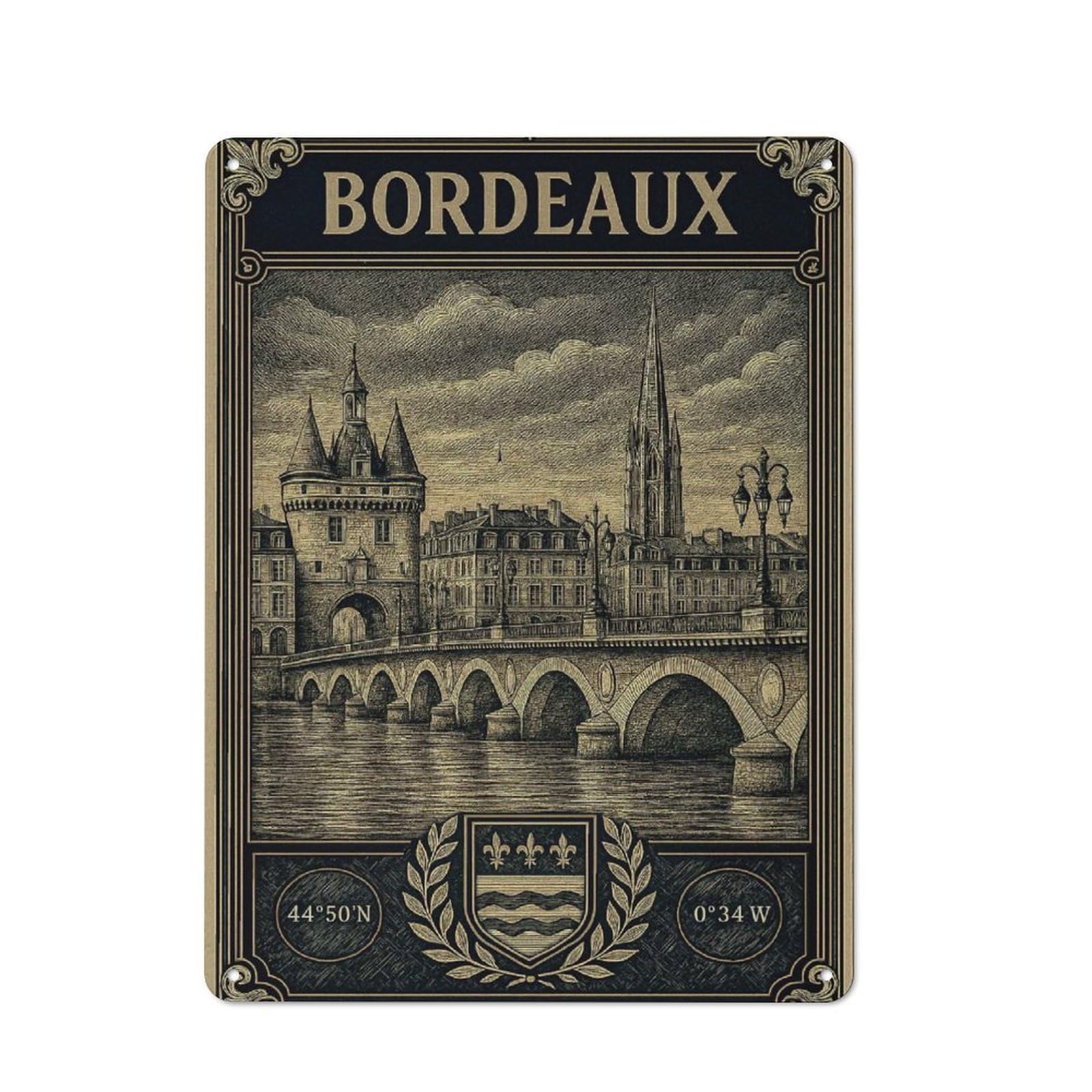 Junmoney Style-8 Bordeaux Cityscape Vintage Travel Vintage Metal Wall Decor 40X30cm, Tin Sign For Cafe, Pub, Workshop Or Home Bar, Small Accent For Blank Walls