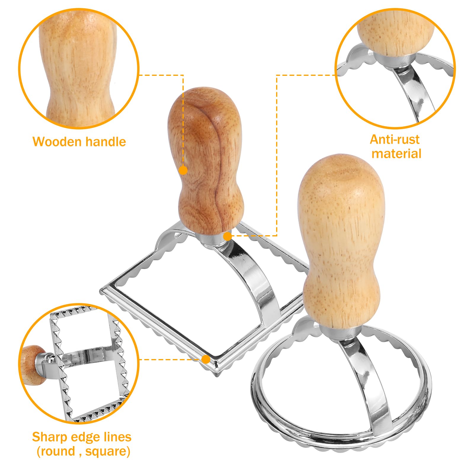 5Pcs Ravioli Stamp Maker Cutter Set, Ravioli Stamp Set, Ravioli Pasta Cutter with Roller Wheel Set, Ravioli Maker Stamp Cutter, Dumplings Maker Set with Wooden Handle and Fluted Edge