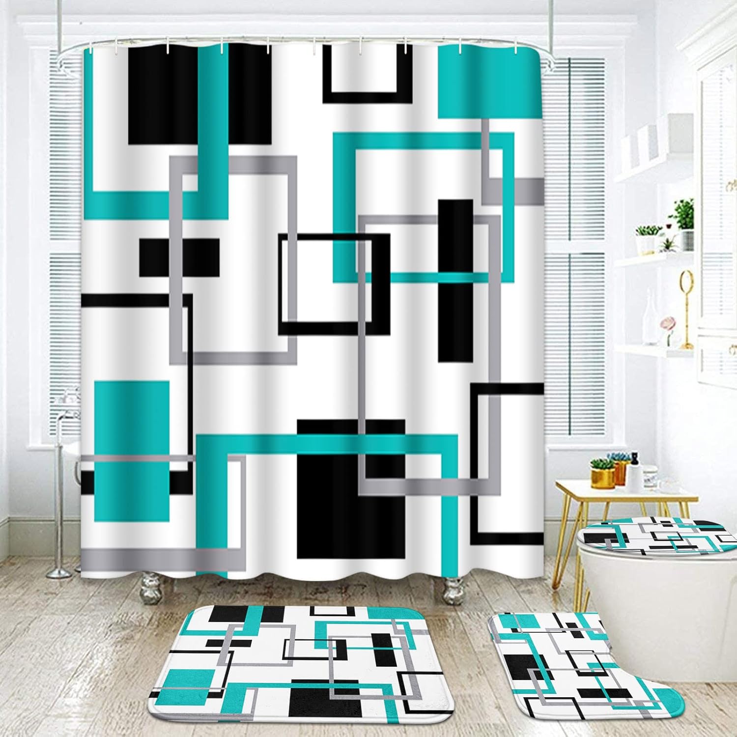 Geometric Turquoise and Gray Bathroom Sets with Shower