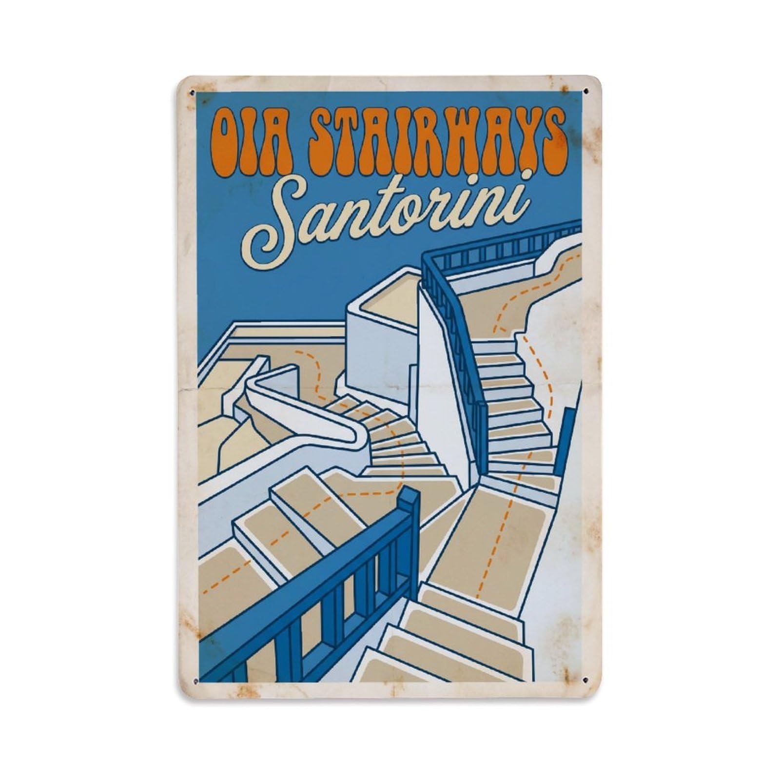 Este 8X12inch Style Vintage Travel Oia Santorini Stairways Metal Tin Sign