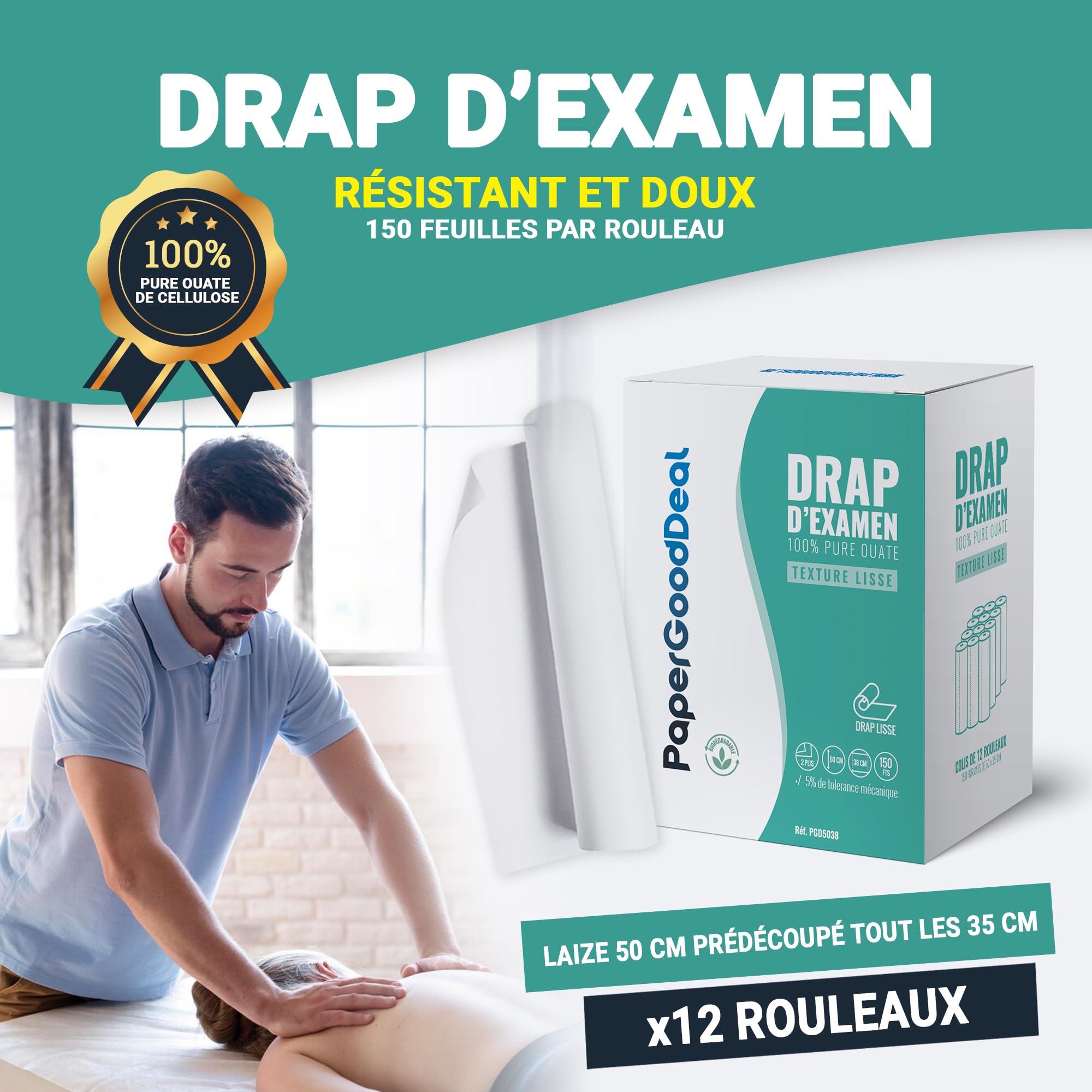 Rodillos de sábanas de examen para mesa médico-masaje-cuidado estético-ginecología-osteopático-spa 100% pura guata de celulosa 50cm 150 hojas precortadas cada 38cm cartón de 12 rollos lisos