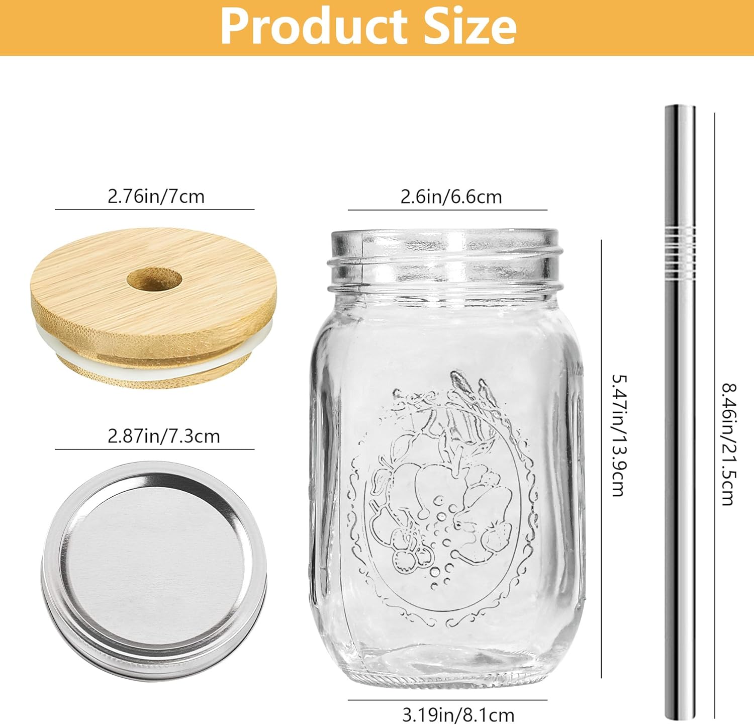 4Pack 16oz Vintage Mason Jars with Bamboo Lids, Wide Mouth Glass Mason Cup with Lids and Straw, Iced Coffee Cup for Juice Milkshake Tea - Image 2