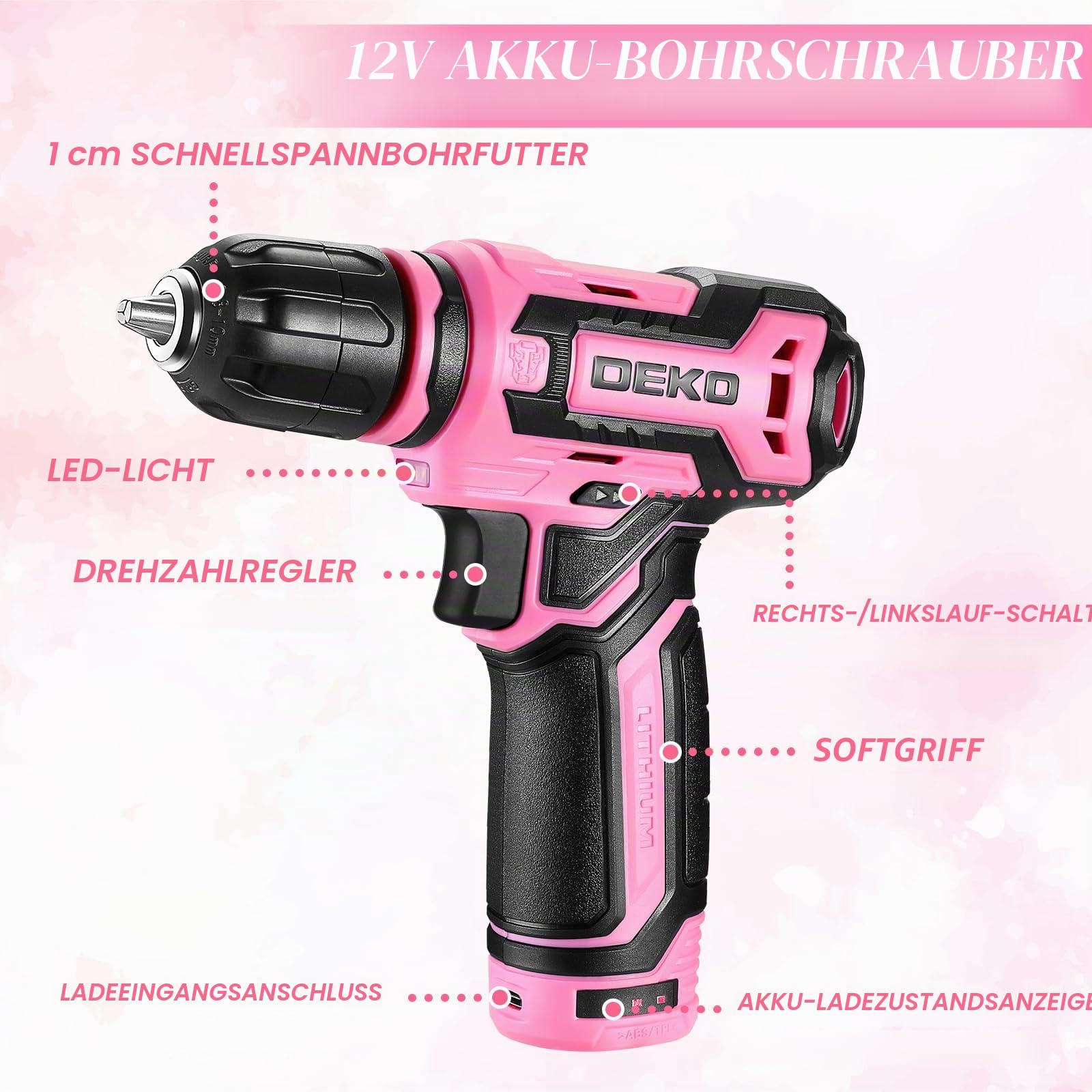 Akku-Bohrmaschinen-Werkzeug-Set: DEKO 12 V rosa Bohrmaschine 238 Stück Werkzeugkoffer mit Akku Elektrischer Bohrschrauber für Frauen Zuhause Handreparatur Grundlegende Werkzeugkasten Werkzeugsets