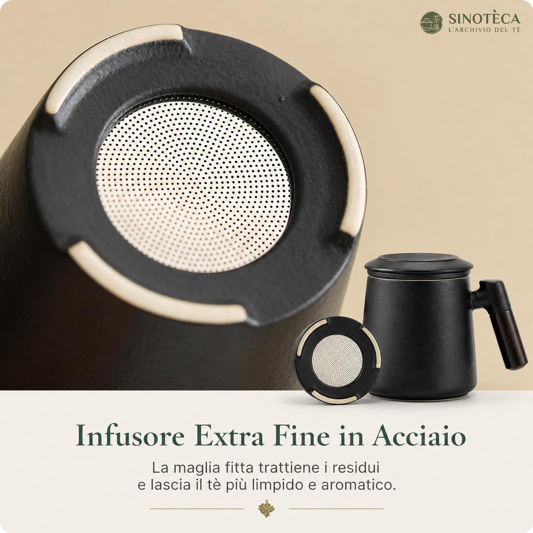 SINOTE'CA Tazza da Tè con Infusore e Coperchio 400ml, Set Regalo in Ceramica con Manico in Legno e Sottobicchiere, Tazza Tisana con Infusore Fine per Tè Sfuso, Confezione Regalo Elegante(Nero)