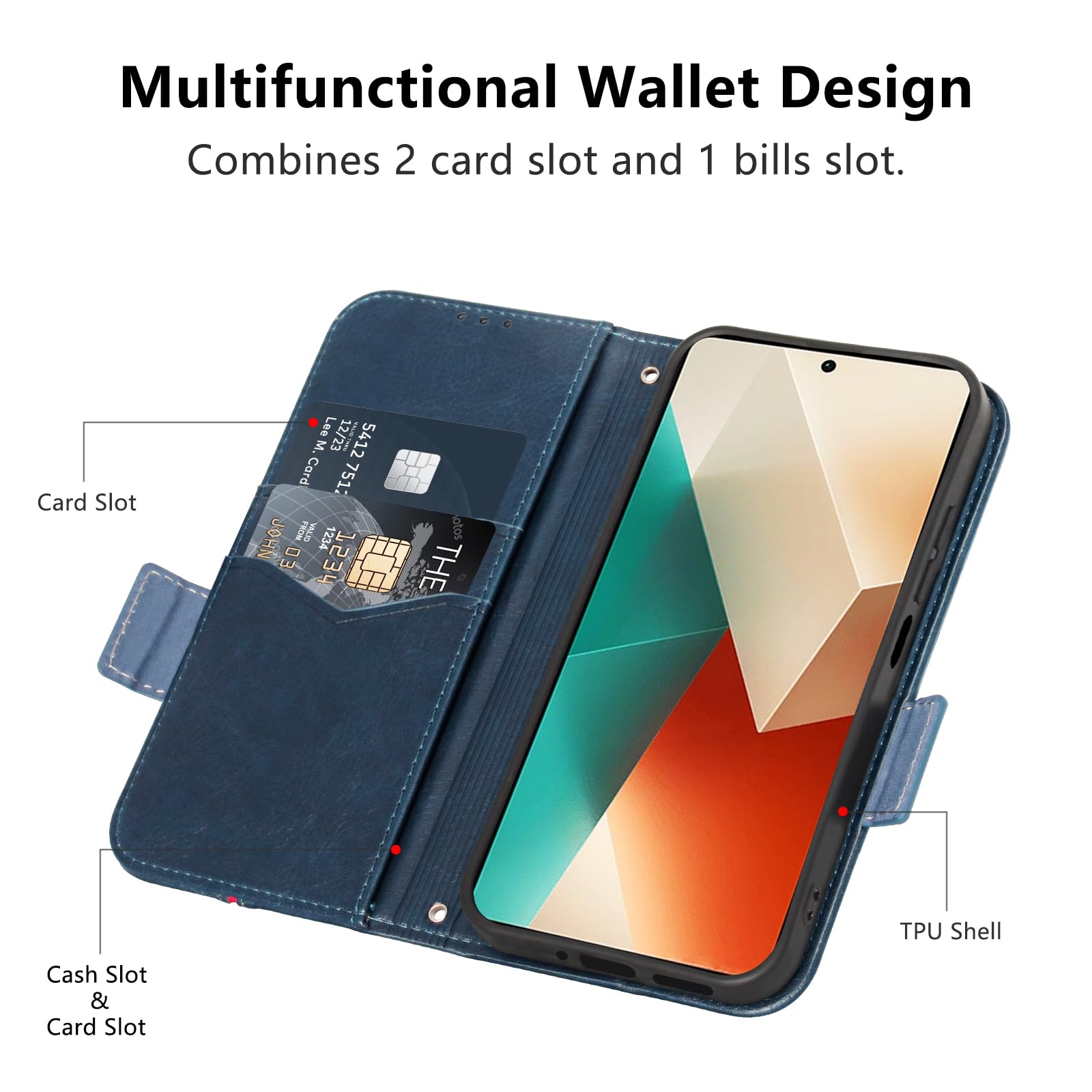 Cover per Xiaomi Redmi Note 13 4G, Custodia Flip Pelle Portafoglio, Magnetica Libro Slot Schede Redmi Note 13 4G Cover, Silicone TPU Bumper Wallet Supporto Antiurto Case Per Redmi Note 13 4G Blu